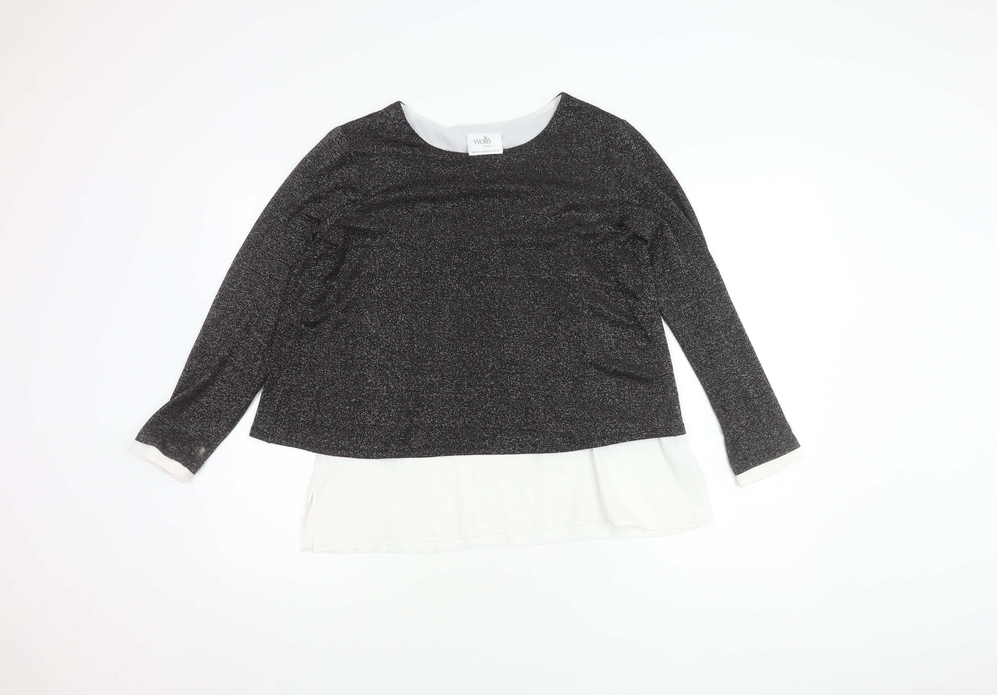 Womens Wallis Size 12 Basic Blouse Black Solid Round Neck Long Sleeve Casual - reverse view