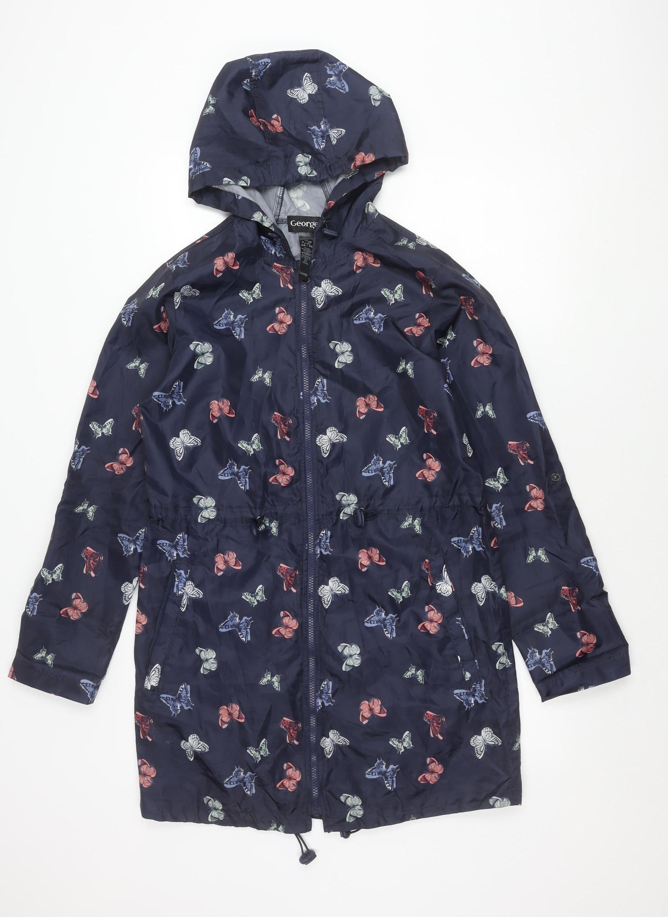 Womens George Size 8 Rain Coat Jacket Blue Animal Print Mid-Length Long Sleeve - reverse view