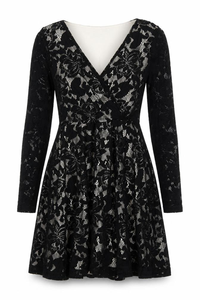 ASOS Womens Skater Dress Size 8 Black Floral Knee Length V-Neck Long Sleeve Lace - front view