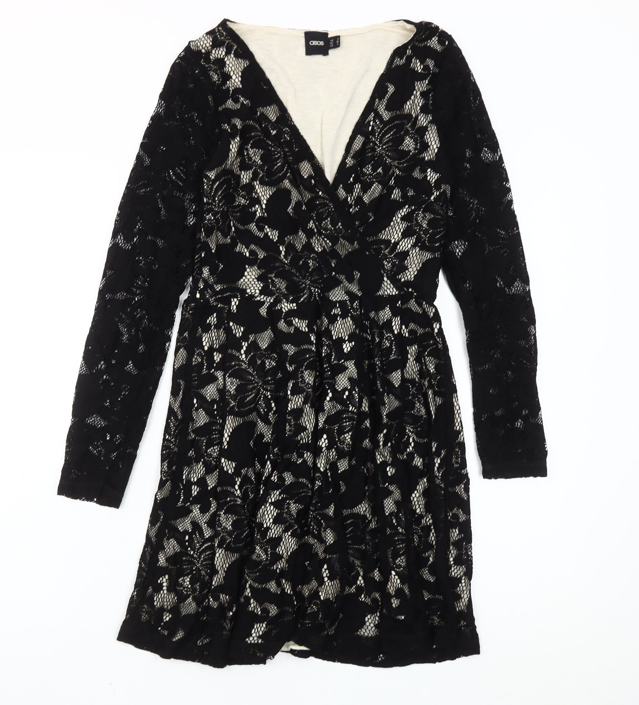 ASOS Womens Skater Dress Size 8 Black Floral Knee Length V-Neck Long Sleeve Lace - reverse view