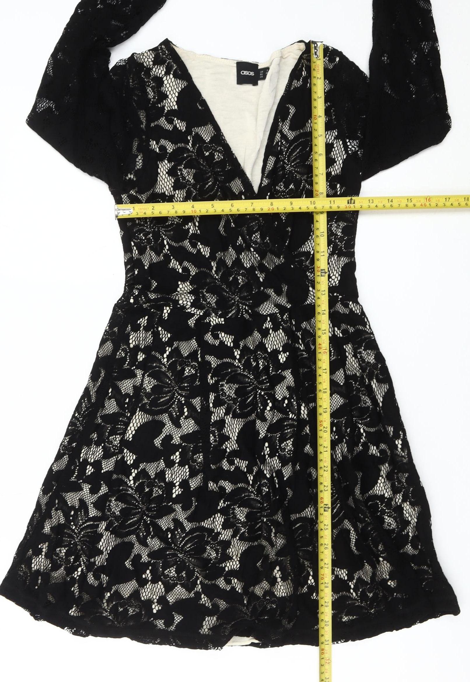 ASOS Womens Skater Dress Size 8 Black Floral Knee Length V-Neck Long Sleeve Lace - label detail