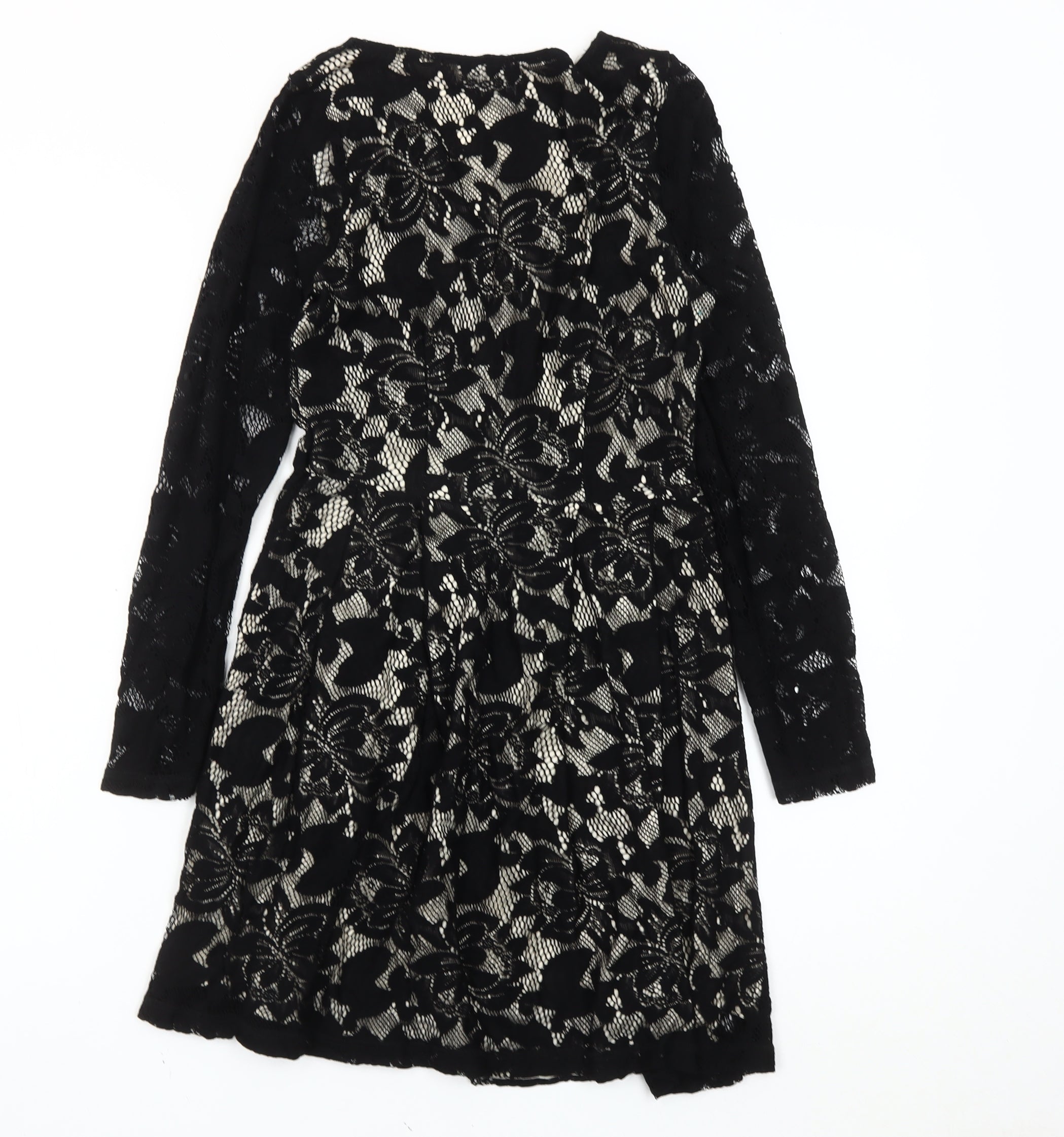 ASOS Womens Skater Dress Size 8 Black Floral Knee Length V-Neck Long Sleeve Lace - close detail