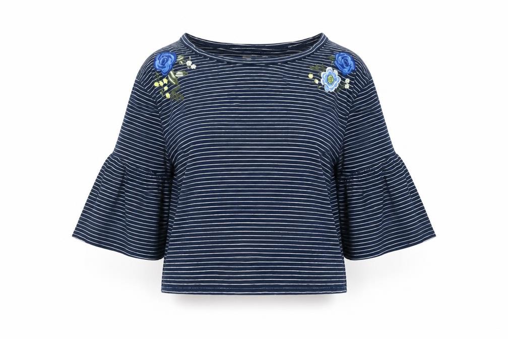 Womens Hollister Size S Cropped Blouse Blue Striped Boat Neck 3/4 Sleeve Casual - front view