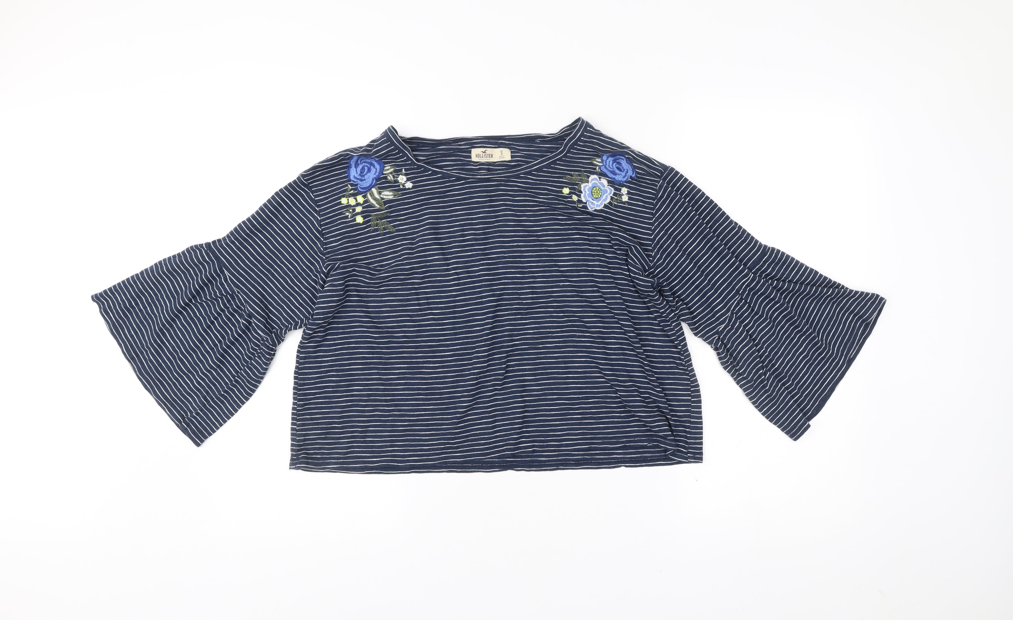 Womens Hollister Size S Cropped Blouse Blue Striped Boat Neck 3/4 Sleeve Casual - reverse view