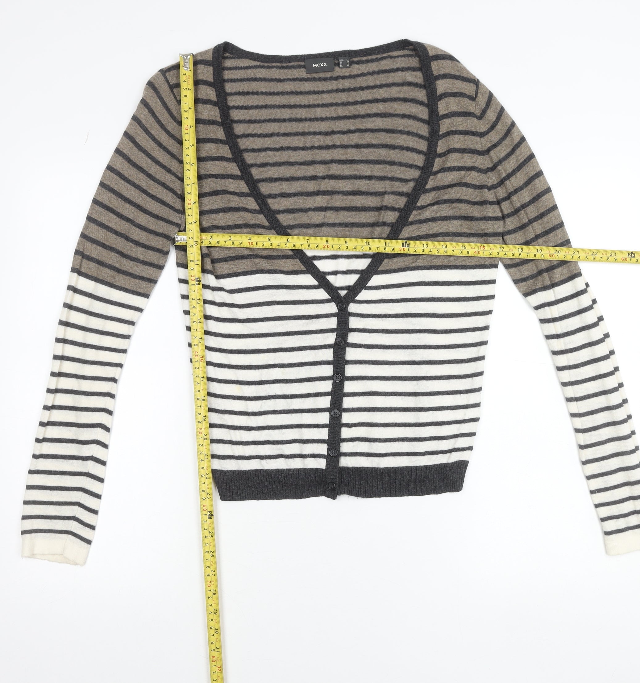 Womens Mexx Size M Cardigan Jumper Multicoloured V-Neck Striped Long Sleeve - label detail