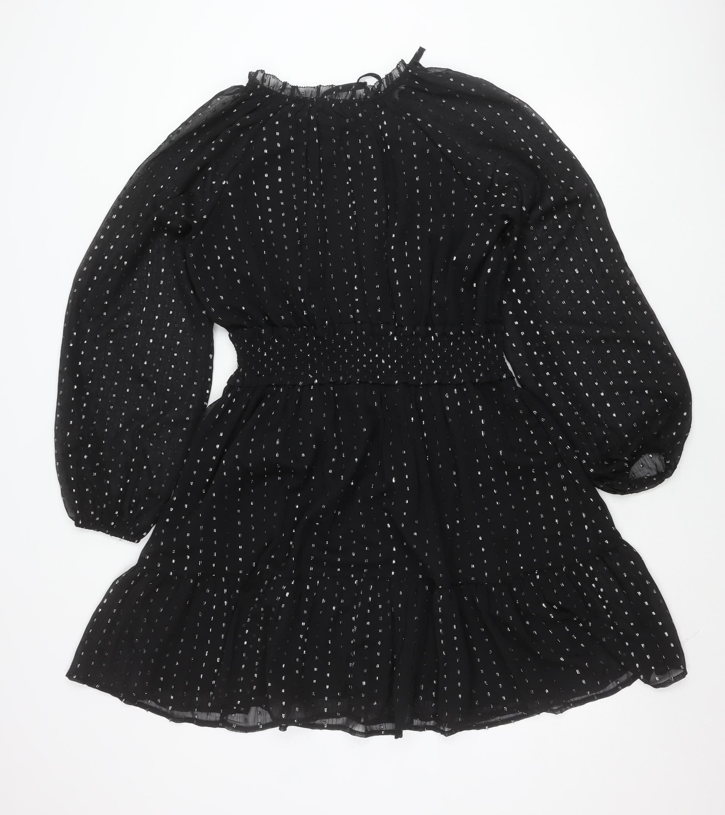 Old Navy Womens Fit & Flare Dress Size M Black Polka Dot Short Square Neck - close detail