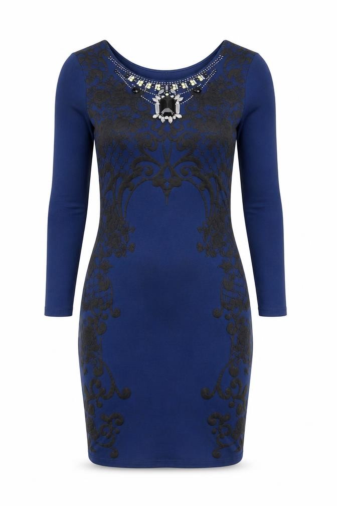 River Island Womens Bodycon Dress Size 8 Blue Floral Knee Length Scoop Neck - front view