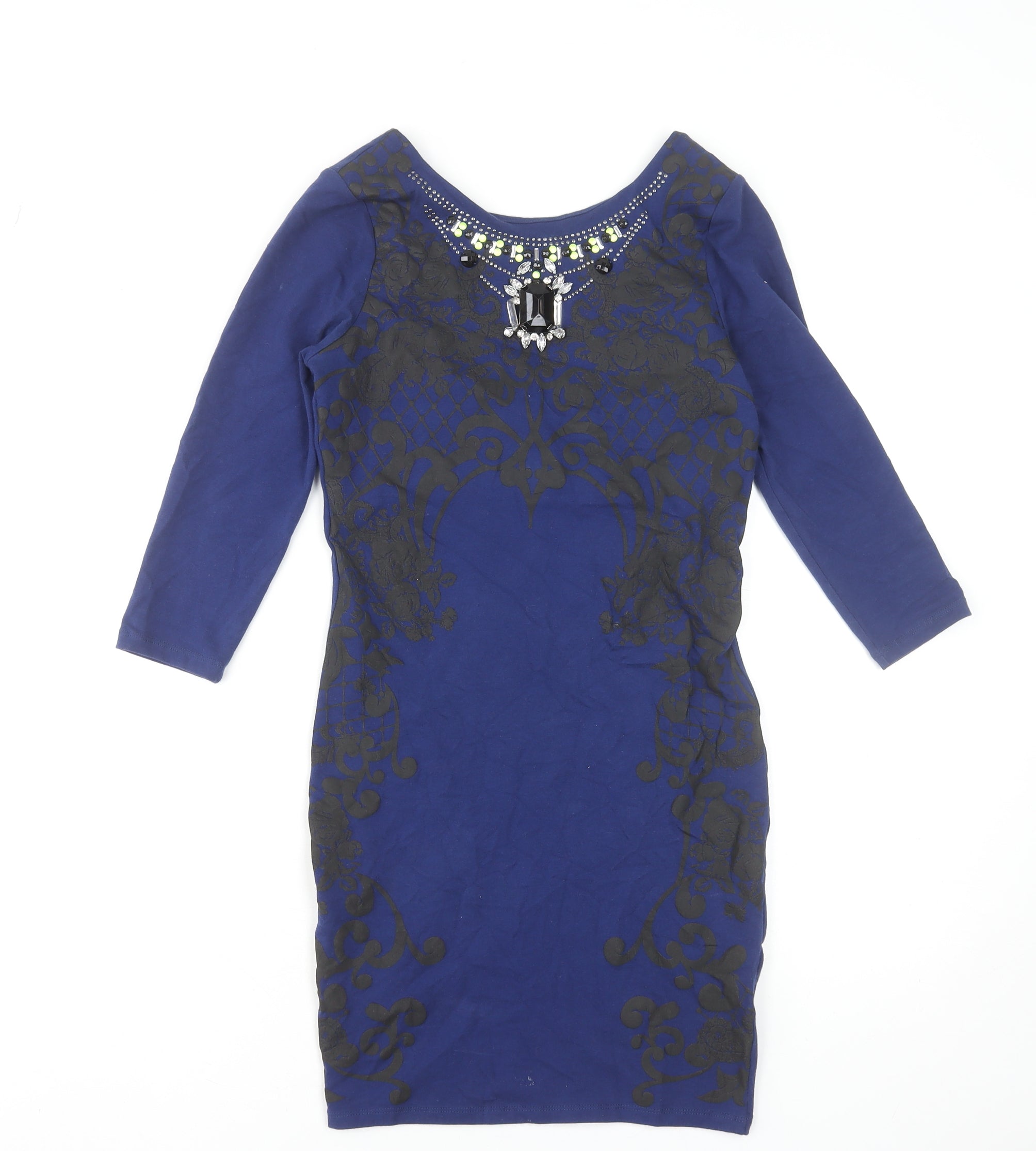 River Island Womens Bodycon Dress Size 8 Blue Floral Knee Length Scoop Neck - reverse view