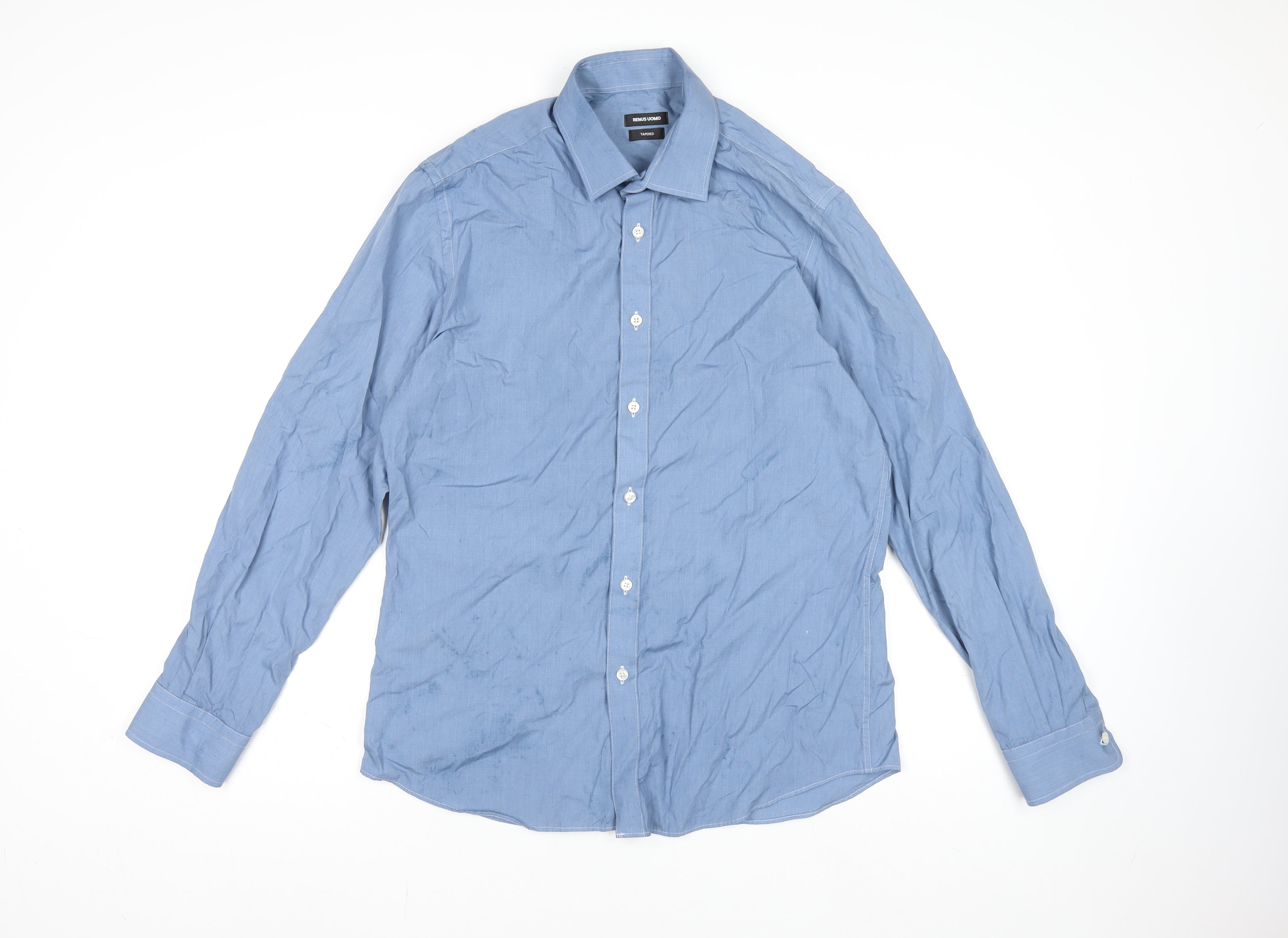 Mens Remus Uomo Size 16 Dress Shirt Blue Solid Collared Long Sleeve Formal - reverse view