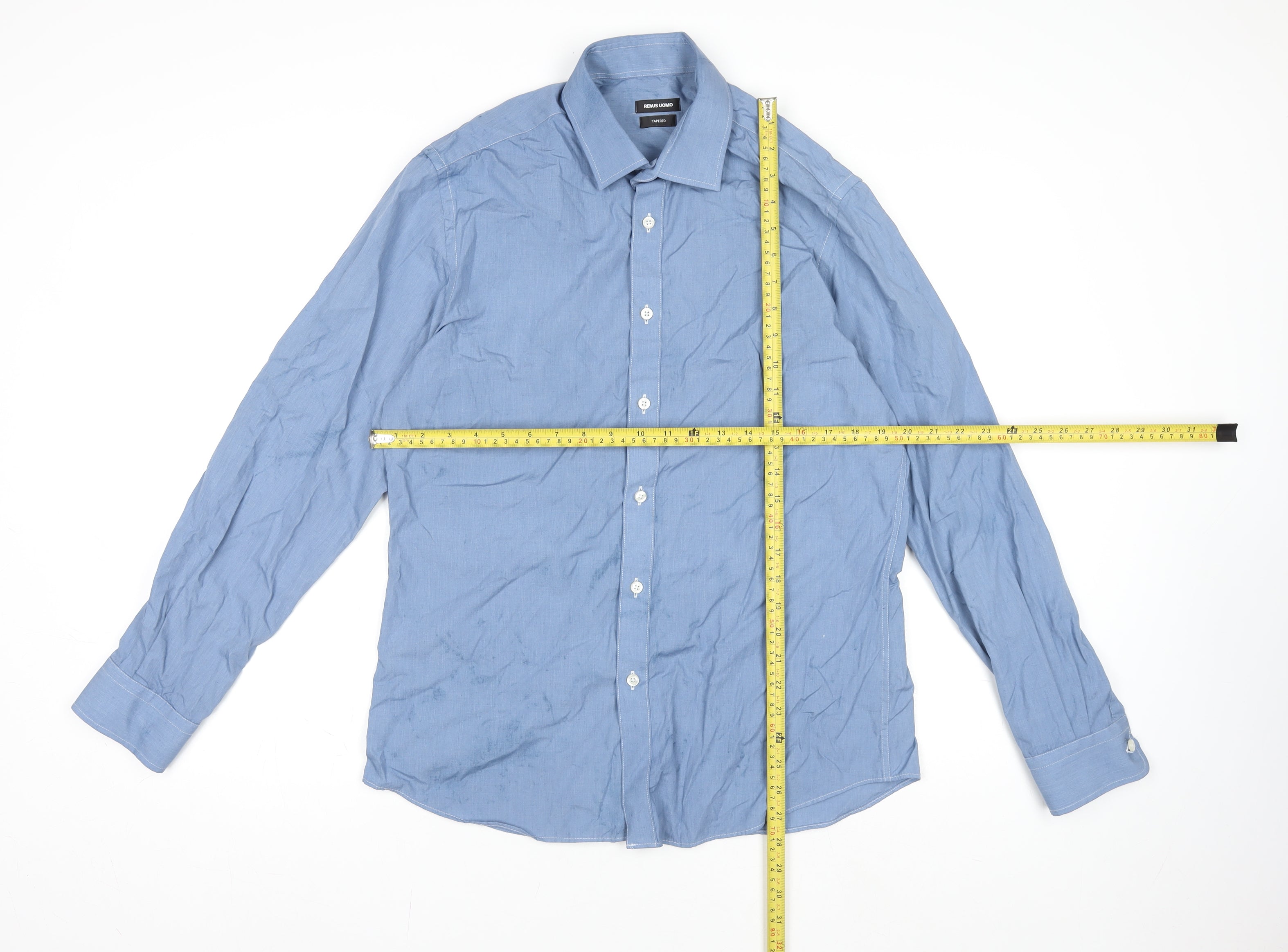 Mens Remus Uomo Size 16 Dress Shirt Blue Solid Collared Long Sleeve Formal - label detail