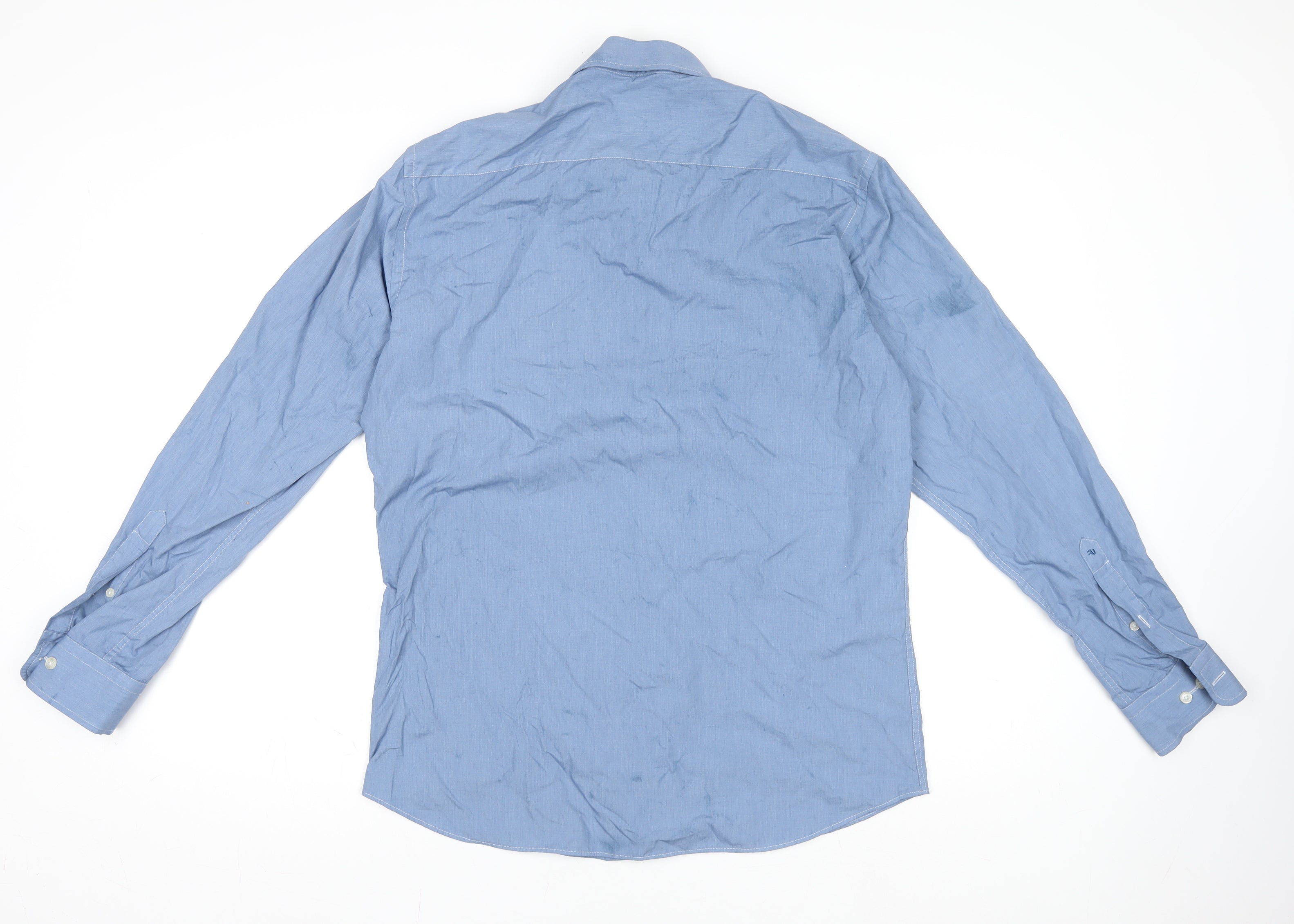 Mens Remus Uomo Size 16 Dress Shirt Blue Solid Collared Long Sleeve Formal - close detail