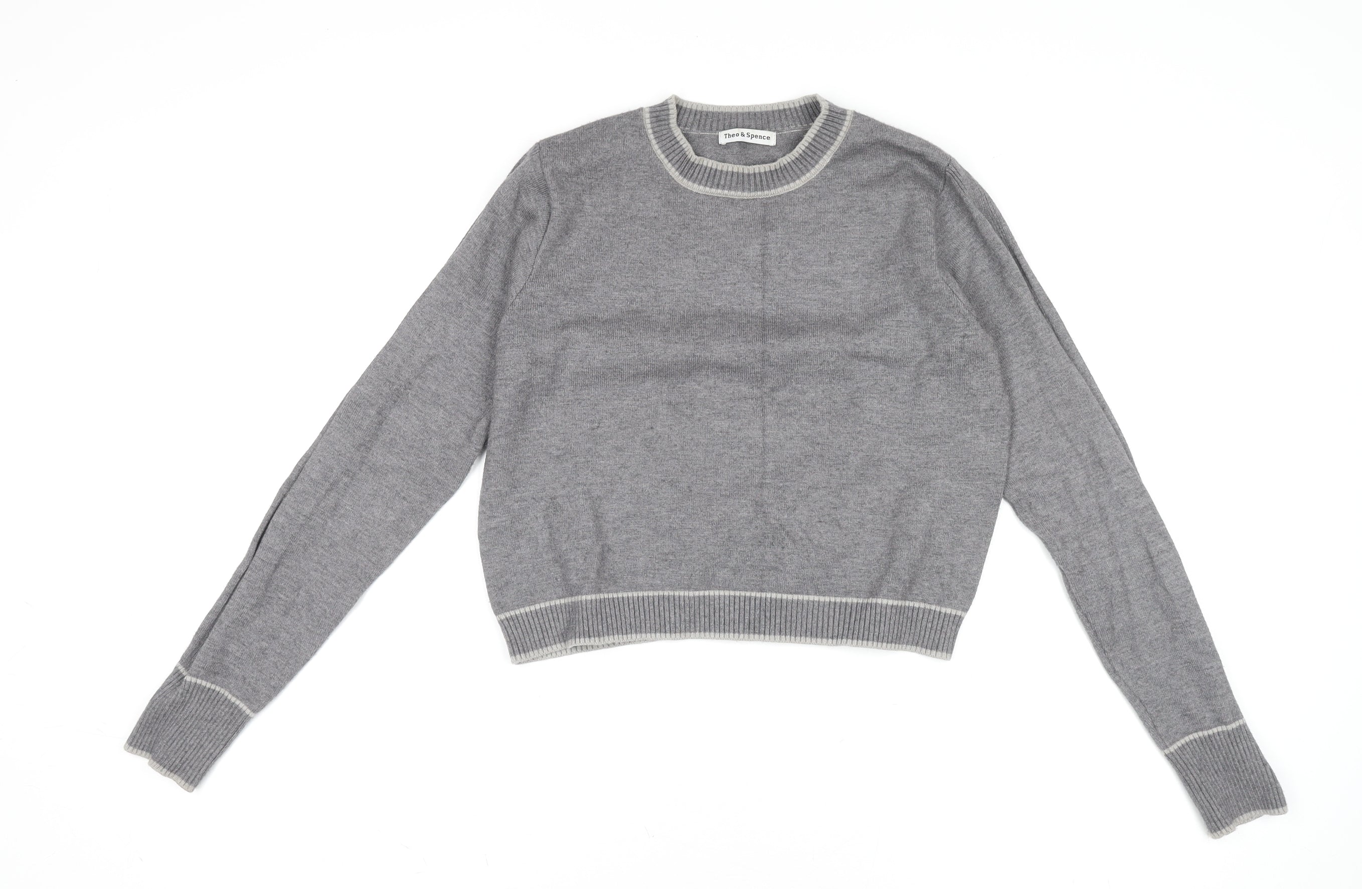 Womens Theo & Spence Size S Pullover Jumper Grey Crew Neck Long Sleeve Casual - reverse view