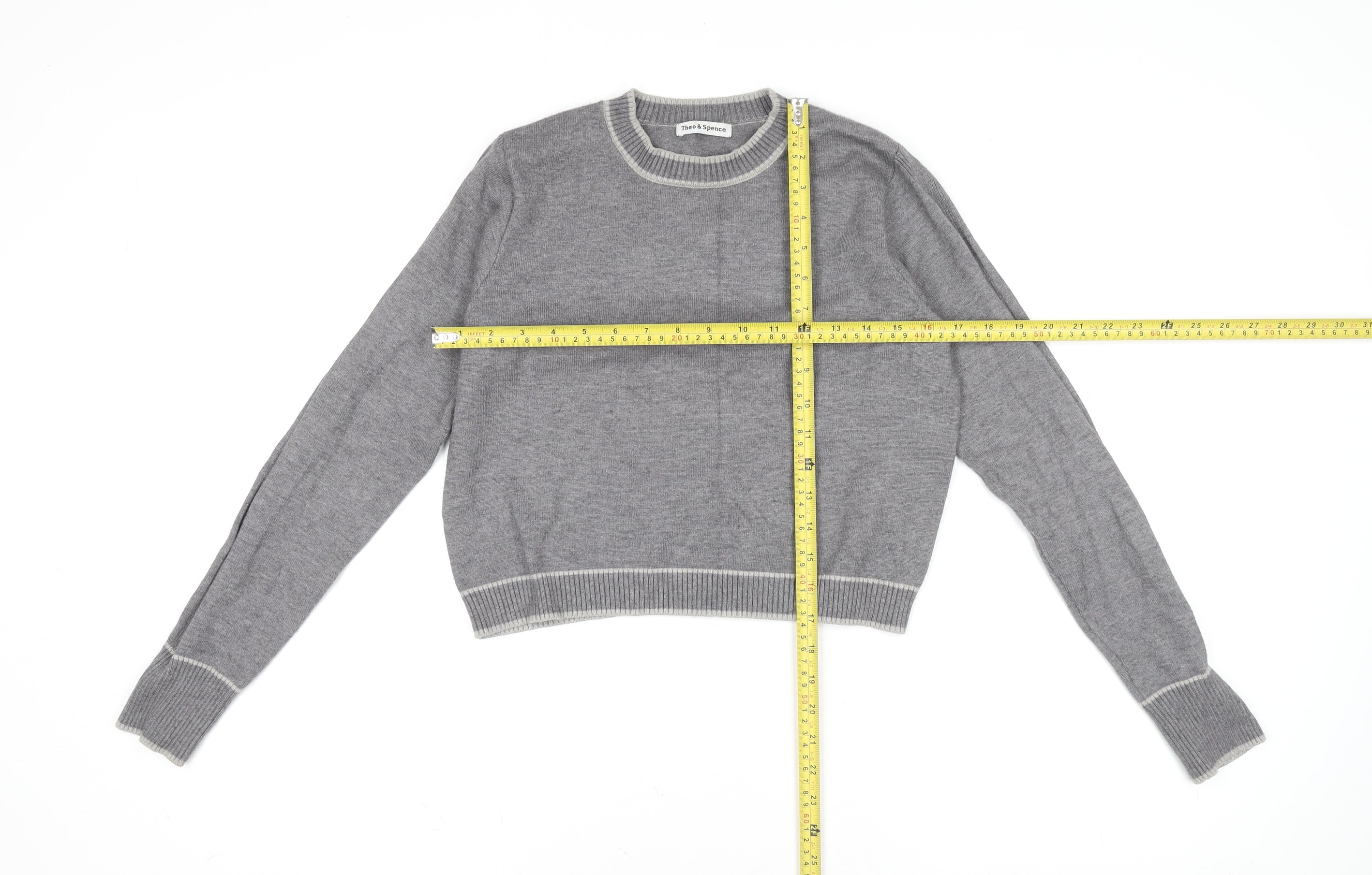 Womens Theo & Spence Size S Pullover Jumper Grey Crew Neck Long Sleeve Casual - label detail