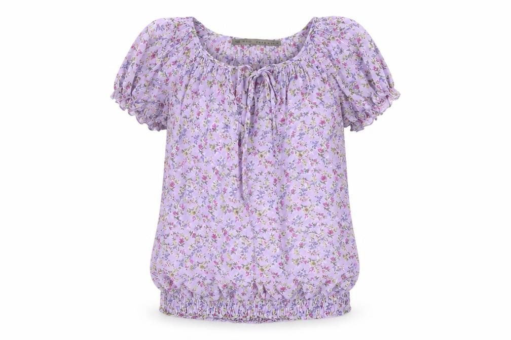 Zara Basic Womens Tunic Blouse Size XS Purple Floral Scoop Neck Short Sleeve - front view