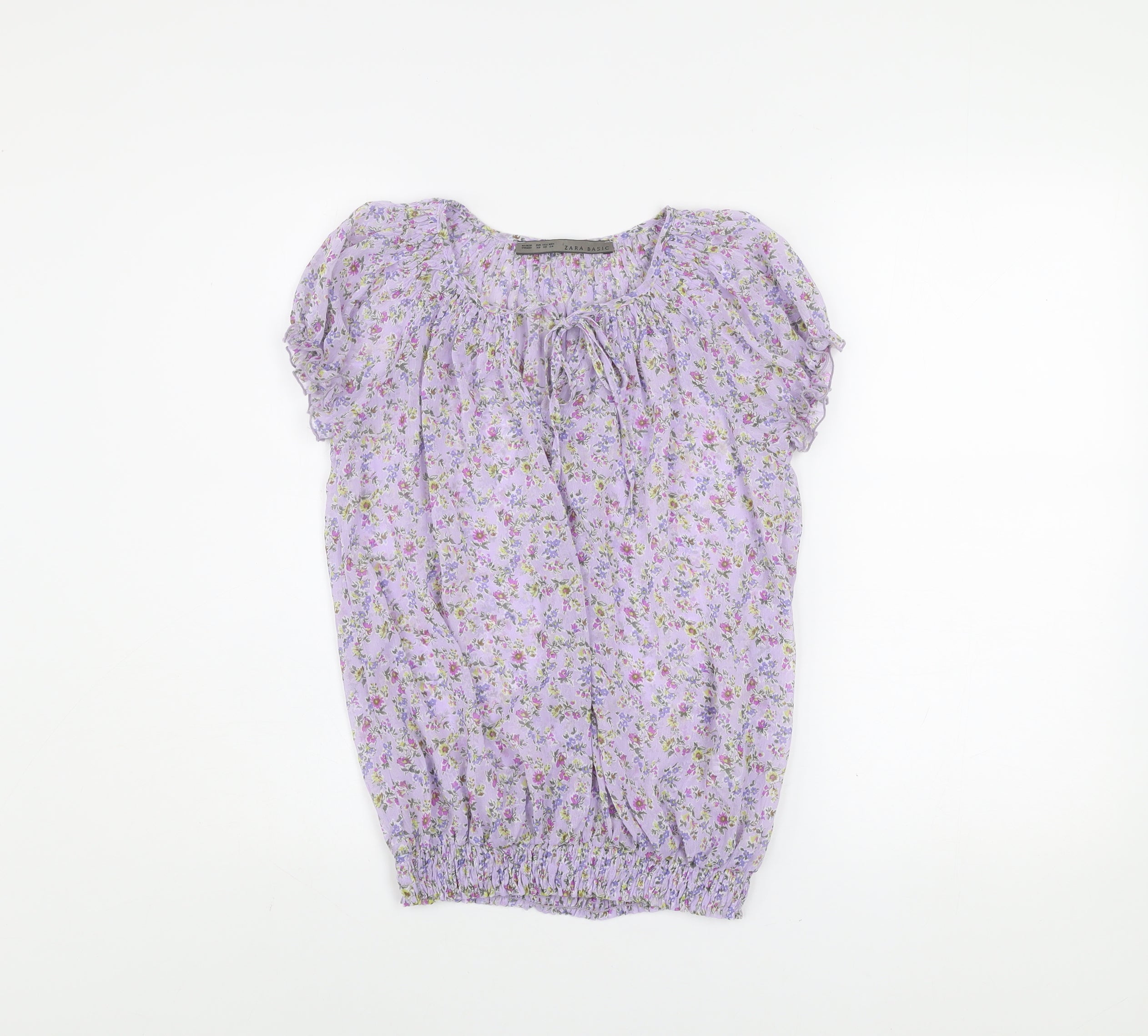Zara Basic Womens Tunic Blouse Size XS Purple Floral Scoop Neck Short Sleeve - reverse view