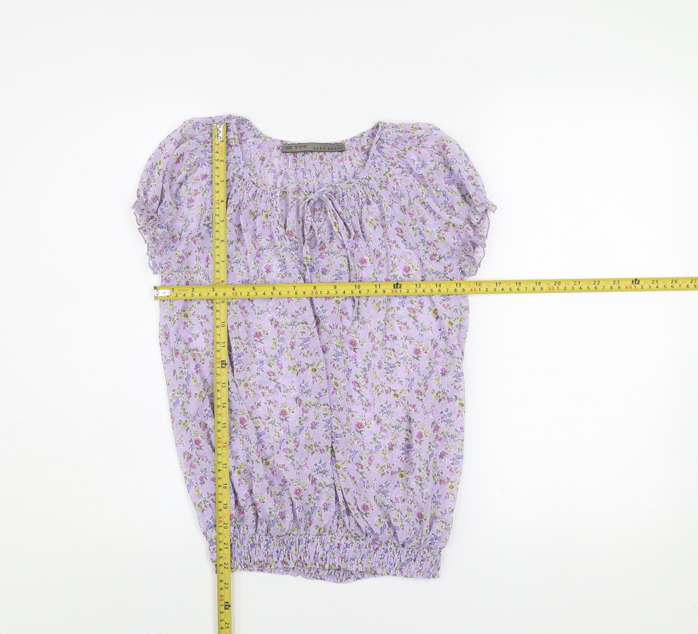 Zara Basic Womens Tunic Blouse Size XS Purple Floral Scoop Neck Short Sleeve - label detail