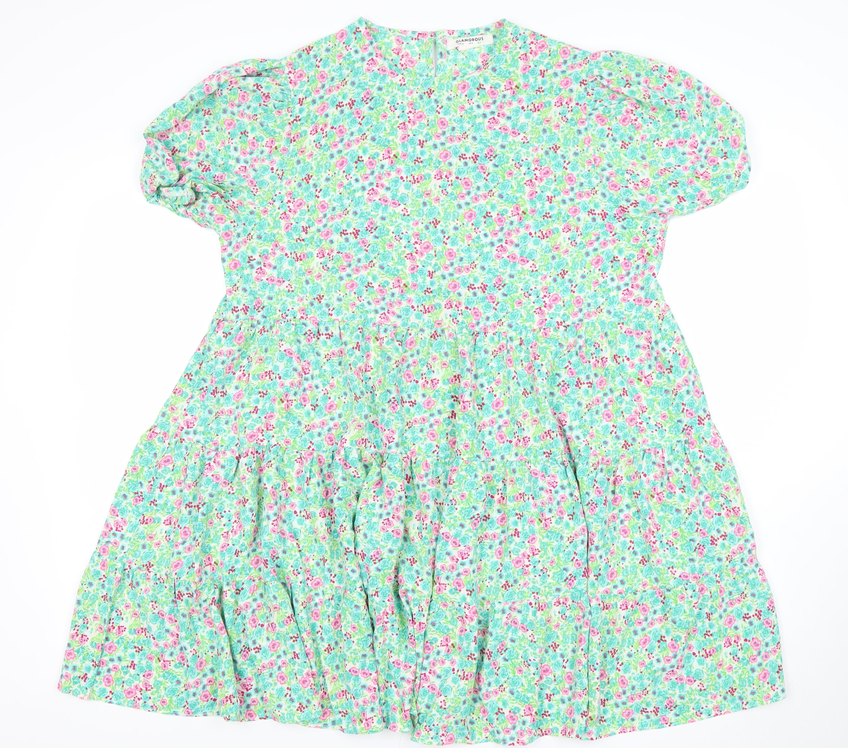 Womens Glamorous Size 8 Skater Dress Multicoloured Floral Short Round Neck - close detail