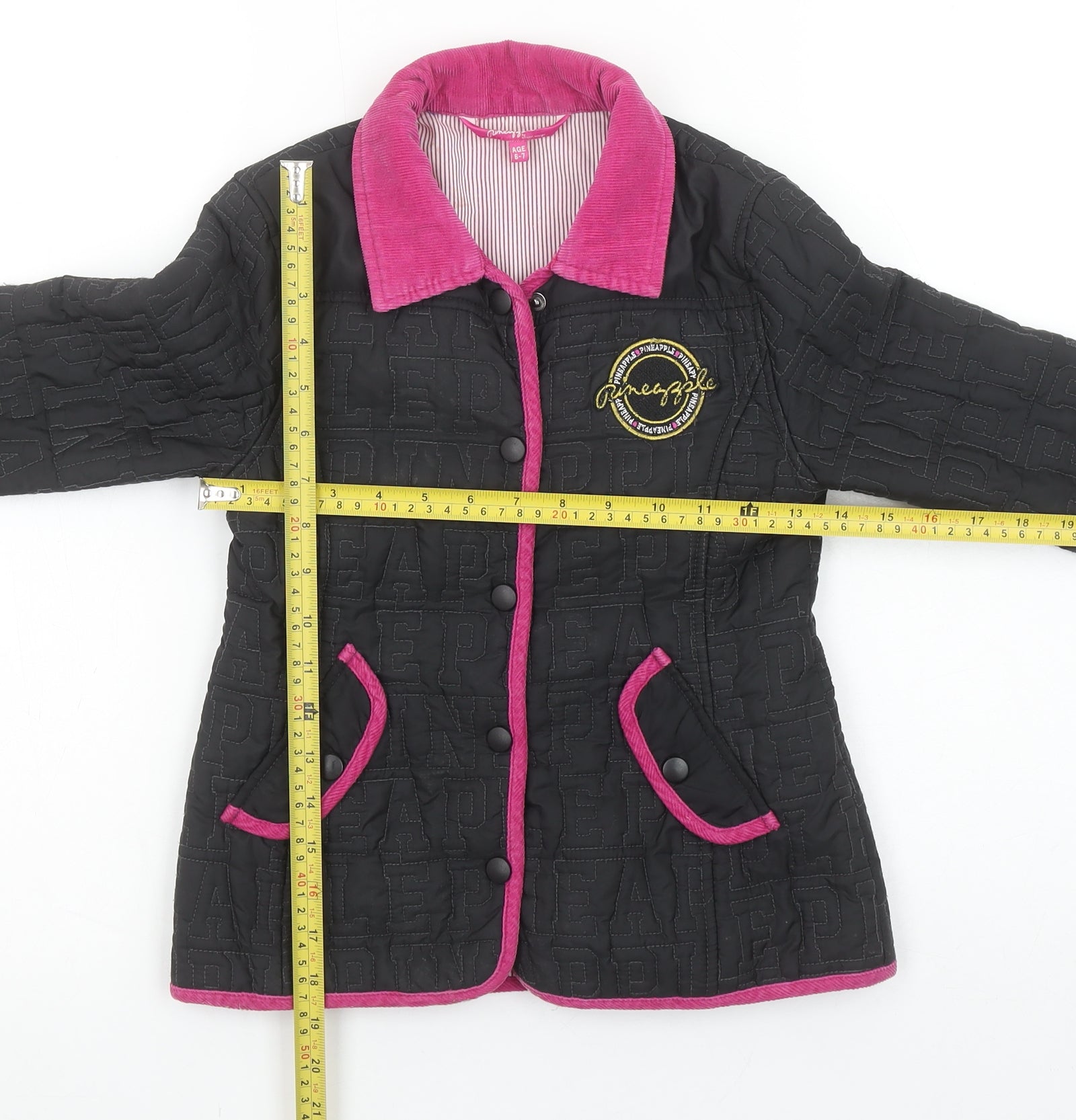 Pineapple Girls Quilted Jacket Size 6-7 Years Black Mid-Length Long Sleeve Logo - label detail