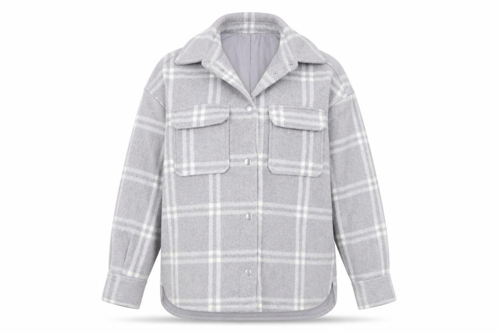 H&M Womens Shacket Jacket Size XS Grey Check Mid-Length Long Sleeve Casual Lined - front view