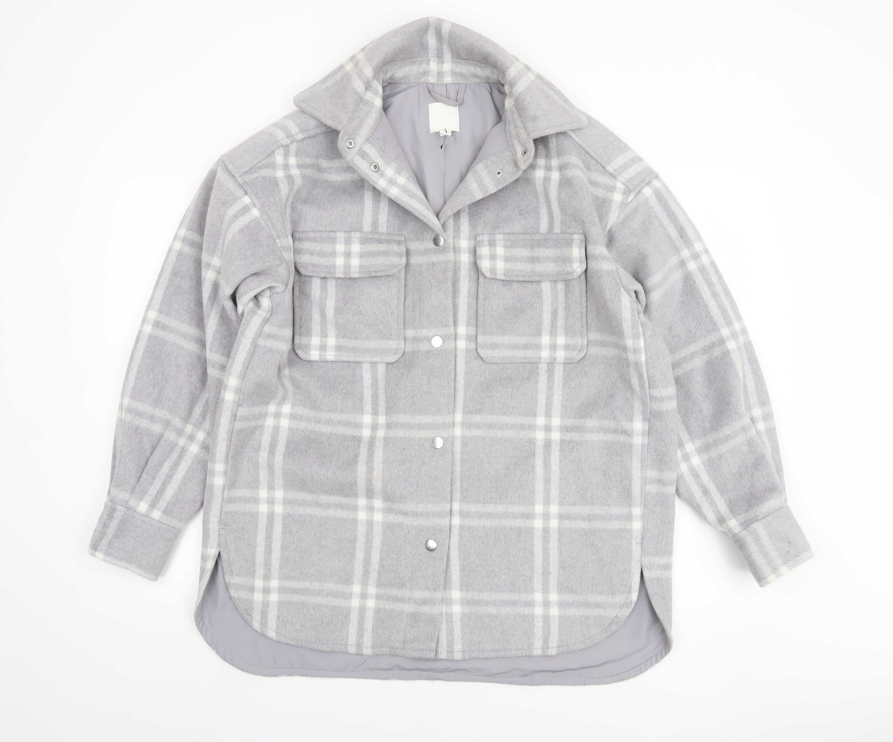 H&M Womens Shacket Jacket Size XS Grey Check Mid-Length Long Sleeve Casual Lined - reverse view