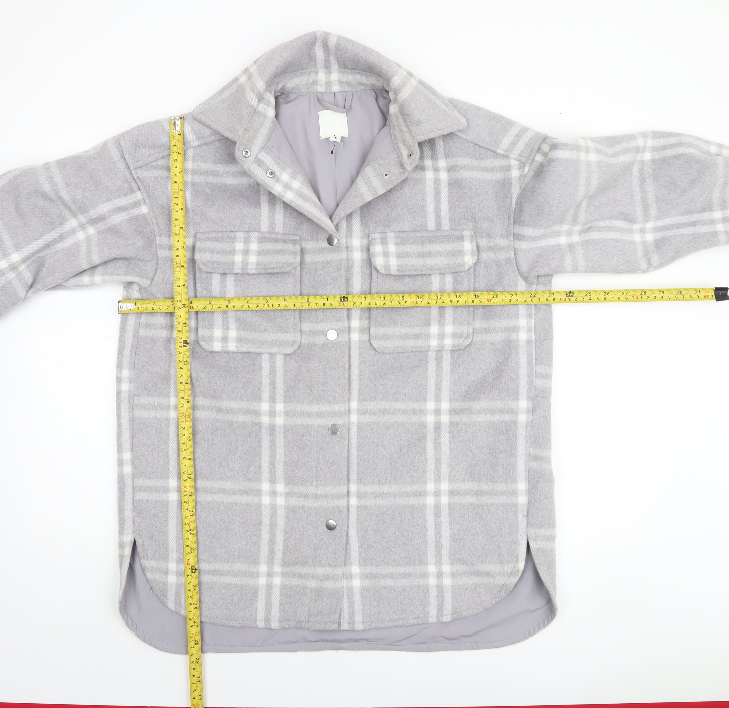 H&M Womens Shacket Jacket Size XS Grey Check Mid-Length Long Sleeve Casual Lined - label detail