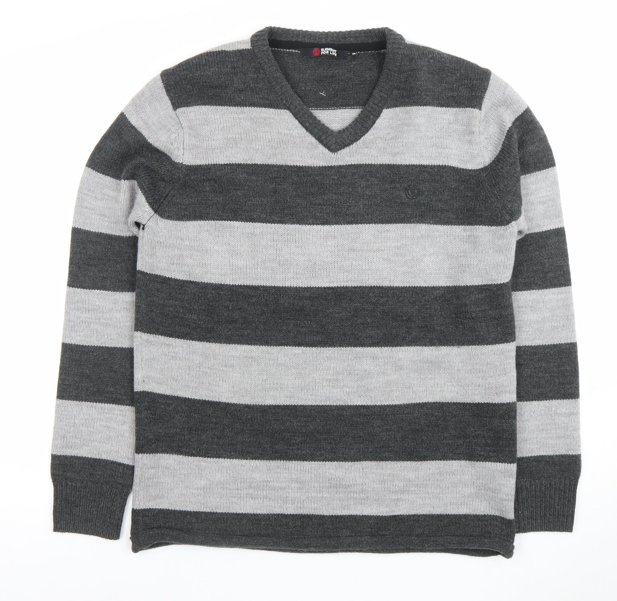 Element Mens Pullover Jumper Size M Grey V-Neck Striped Long Sleeve Casual - reverse view