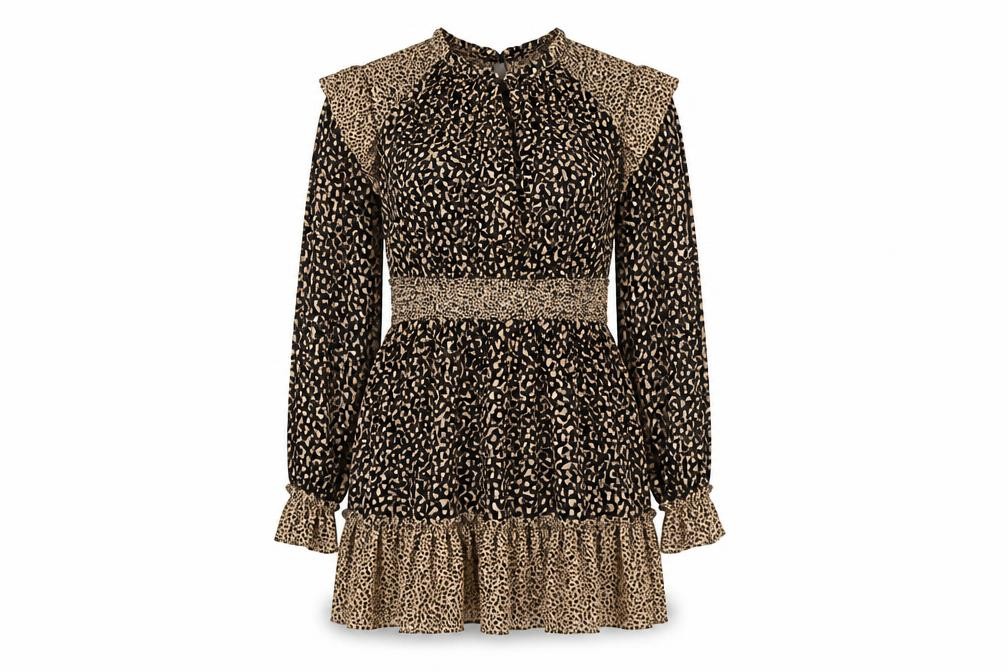 Zara Womens Mini Dress Size S Beige Animal Print Short Off the Shoulder Casual - front view