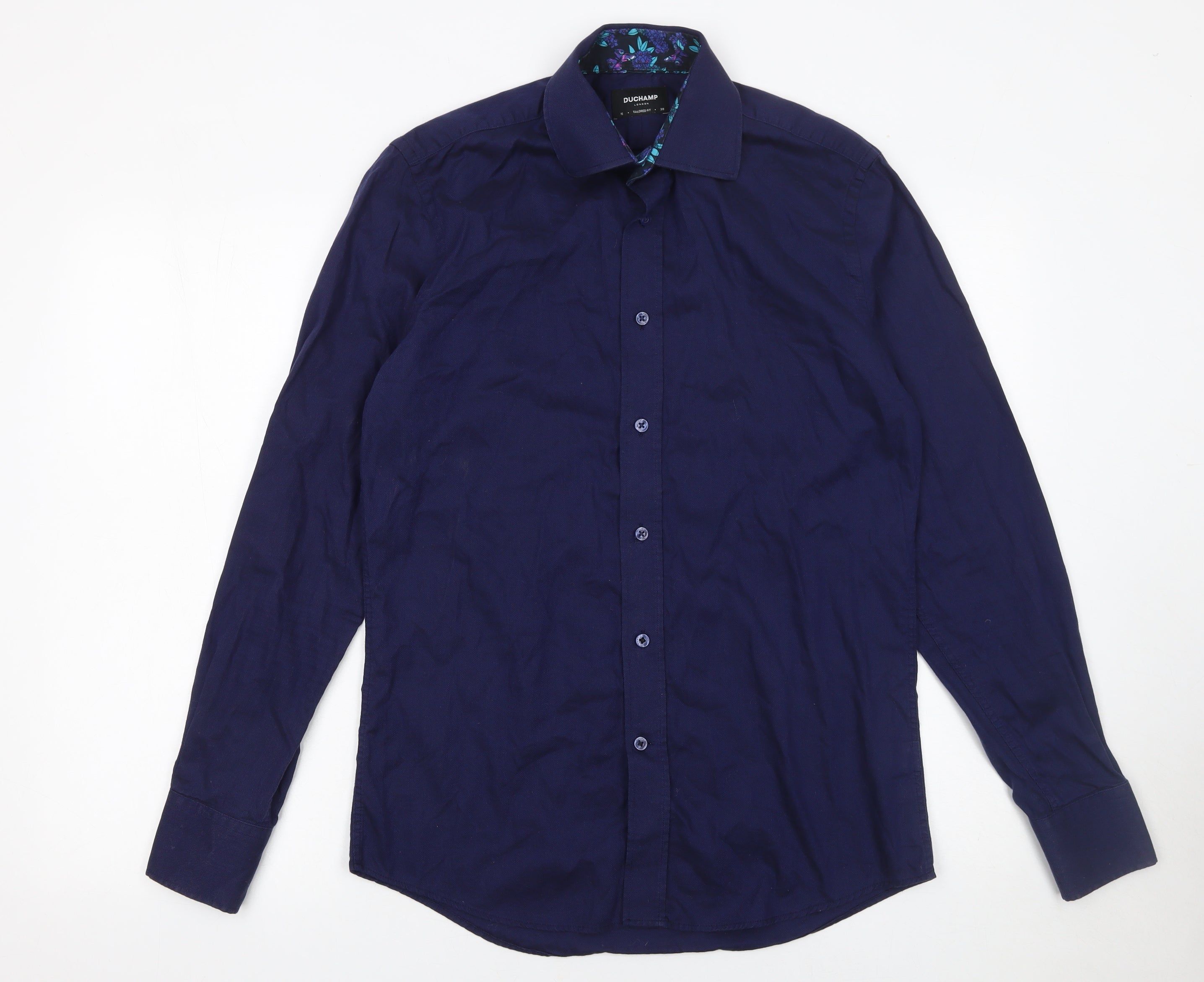 Duchamp London Mens Dress Shirt Size 15 Blue Solid Collared Long Sleeve Formal - reverse view