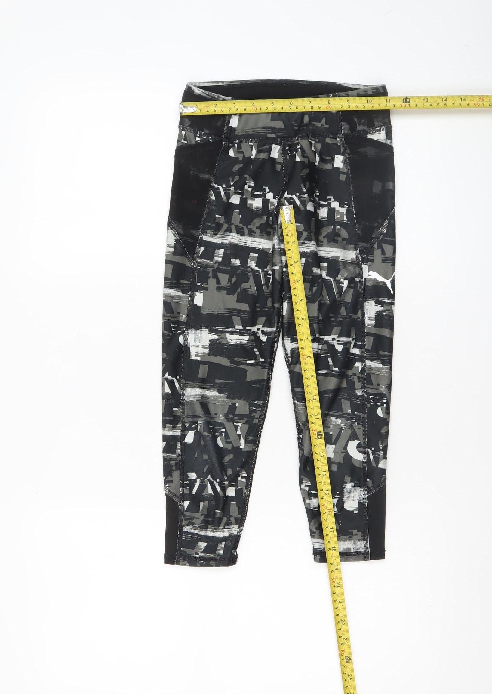 PUMA Girls Ankle Leggings Size 9-10 Years Black Geometric Activewear - label detail