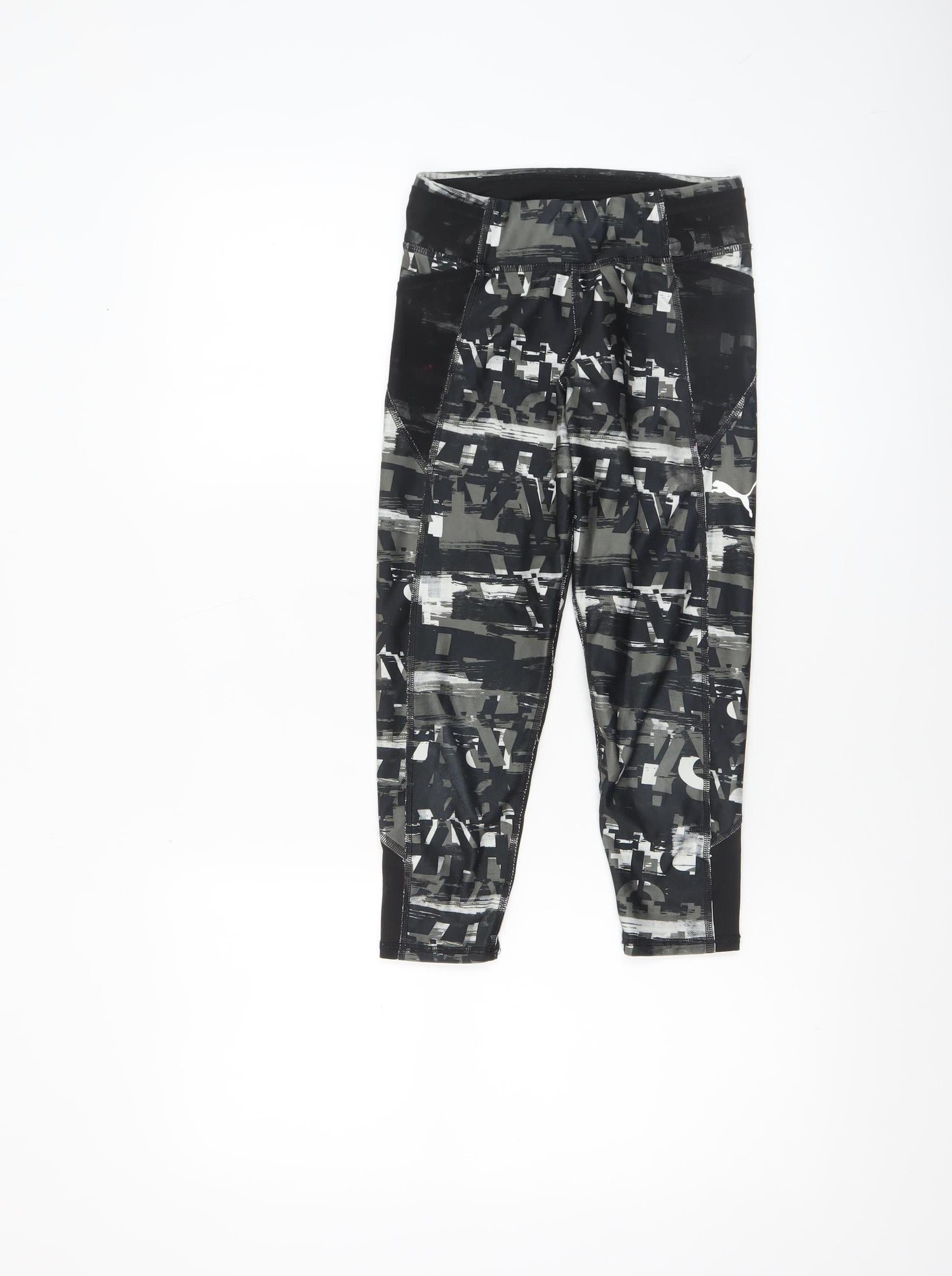 PUMA Girls Ankle Leggings Size 9-10 Years Black Geometric Activewear - close detail