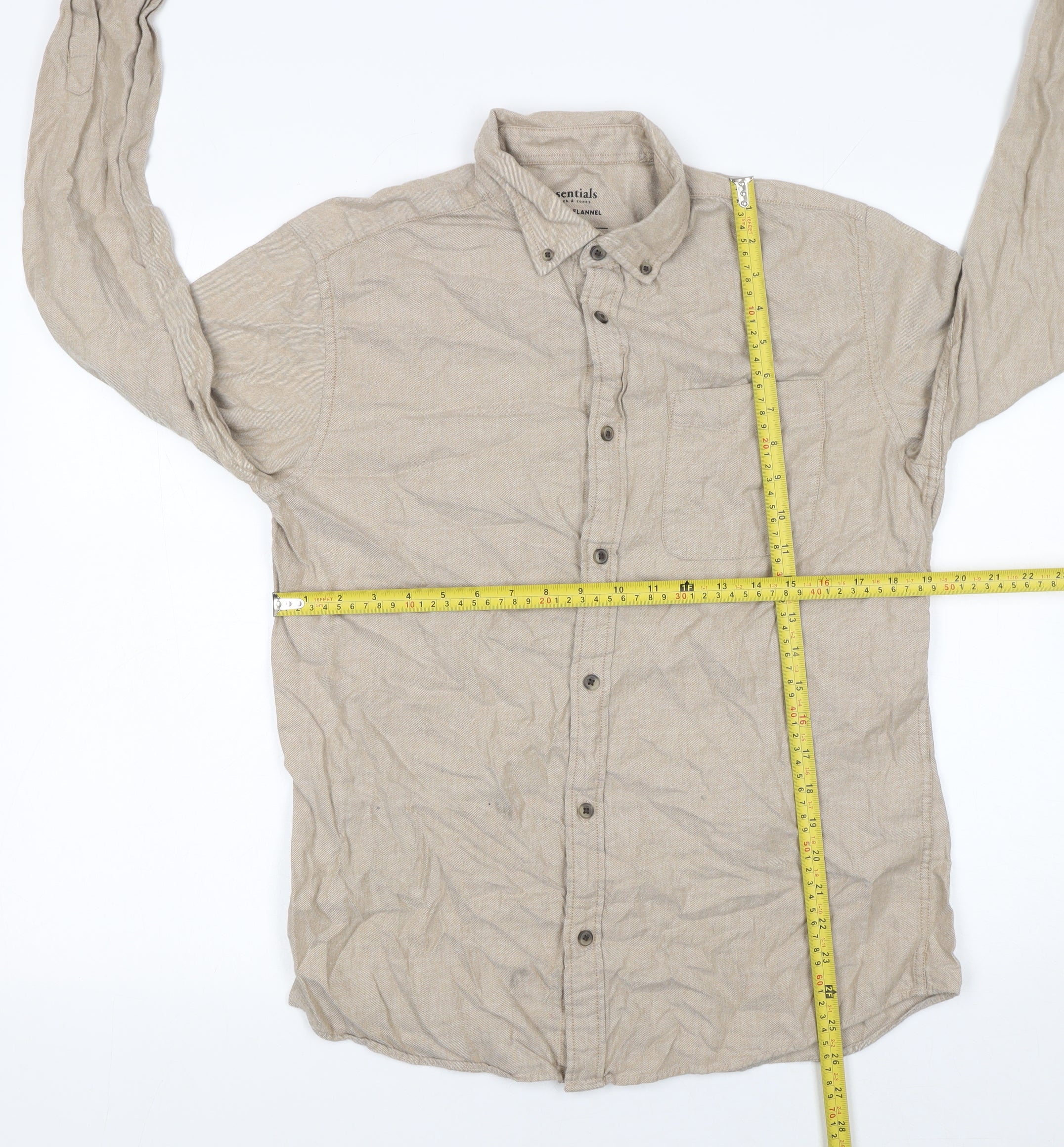 JACK & JONES Mens Button-Up Size M Beige Solid Collared Long Sleeve Casual - label detail