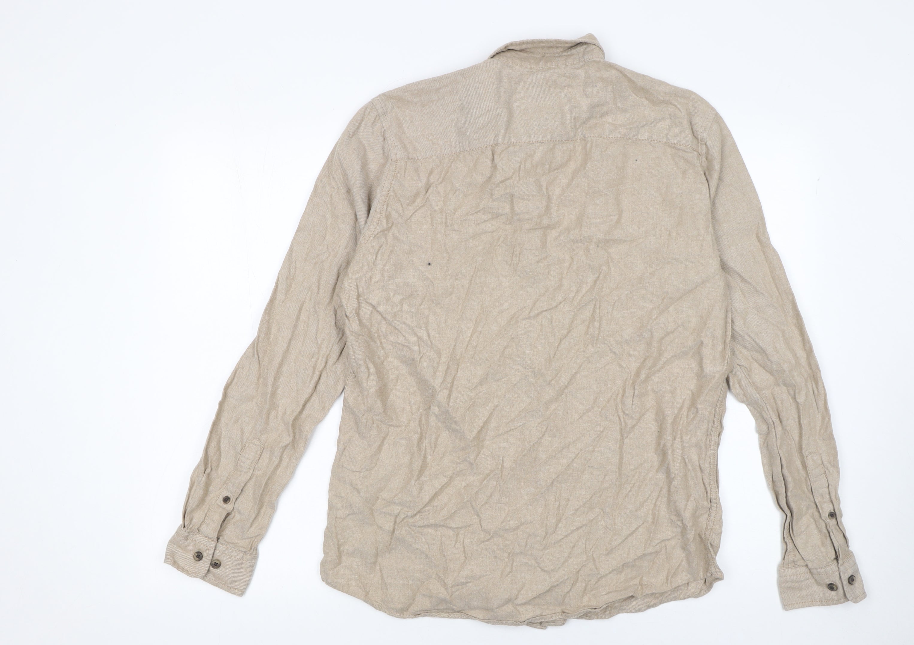 JACK & JONES Mens Button-Up Size M Beige Solid Collared Long Sleeve Casual - close detail