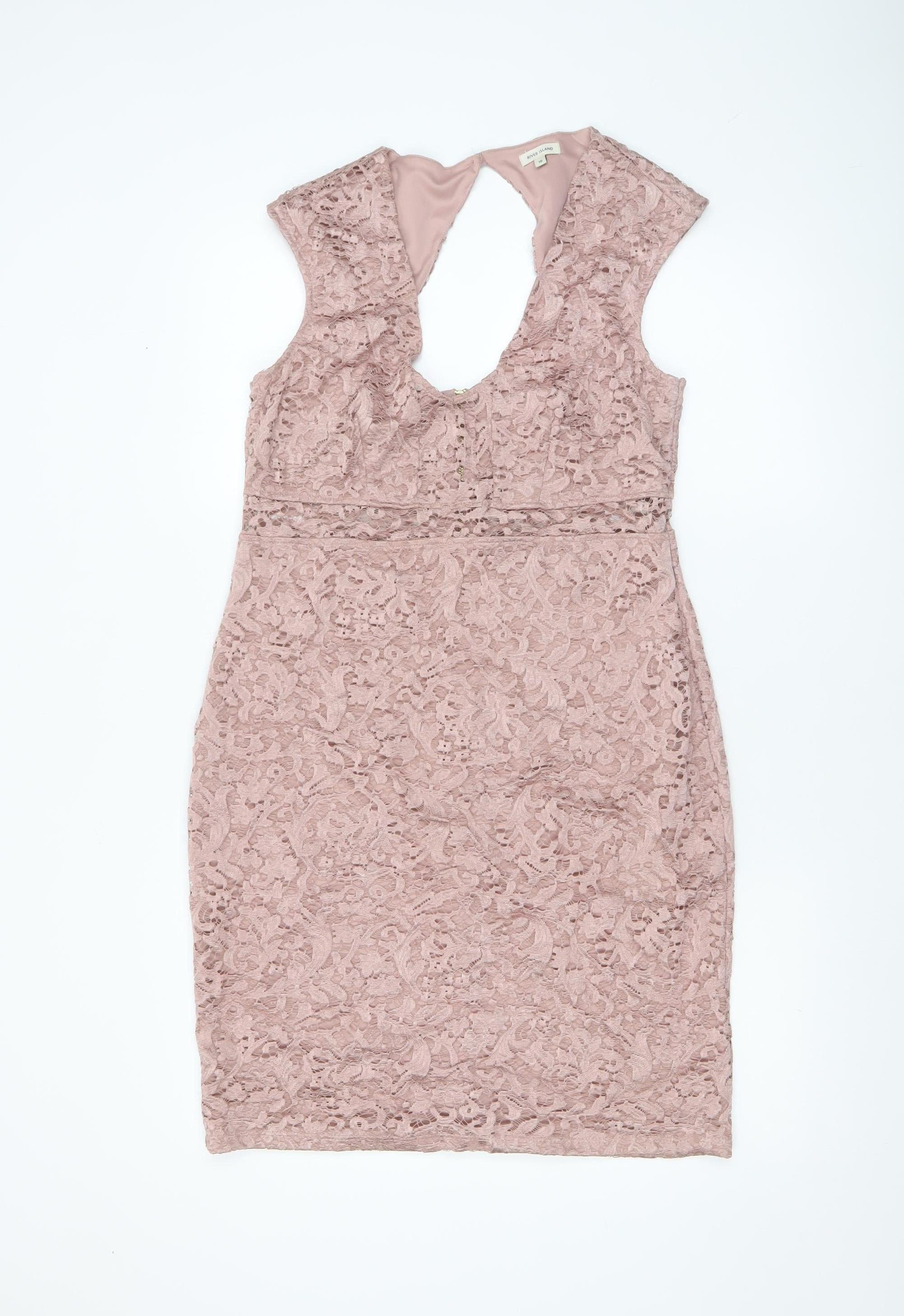 River Island Womens Bodycon Dress Size 16 Pink Floral Knee Length V-Neck Lined - reverse view