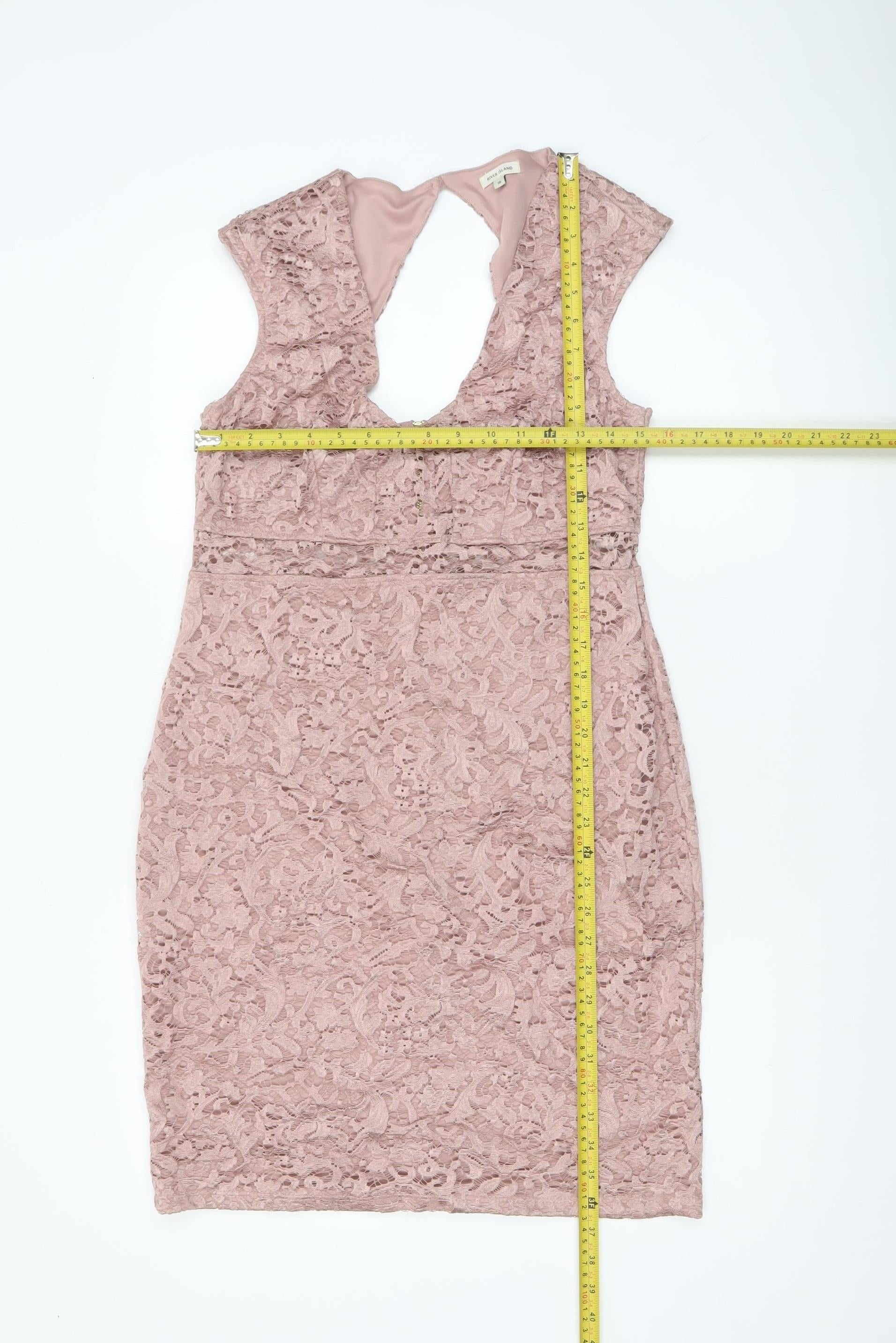 River Island Womens Bodycon Dress Size 16 Pink Floral Knee Length V-Neck Lined - label detail