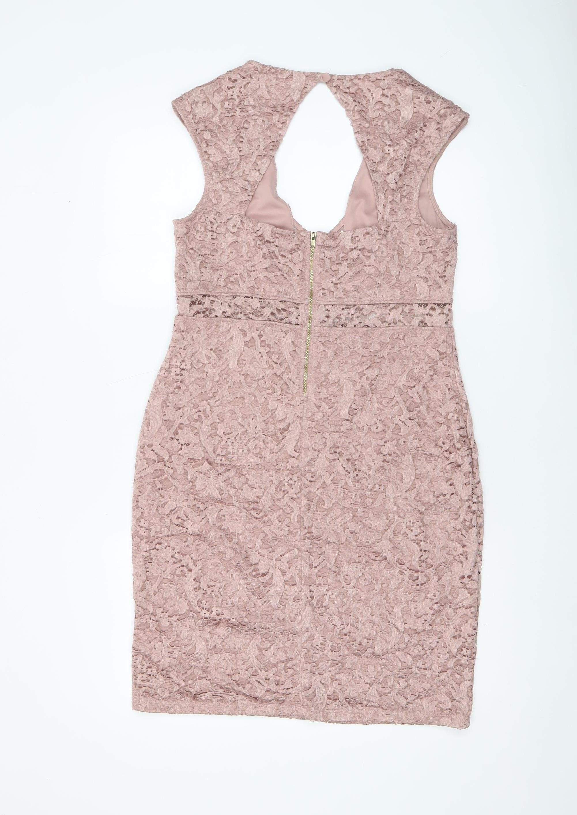 River Island Womens Bodycon Dress Size 16 Pink Floral Knee Length V-Neck Lined - close detail