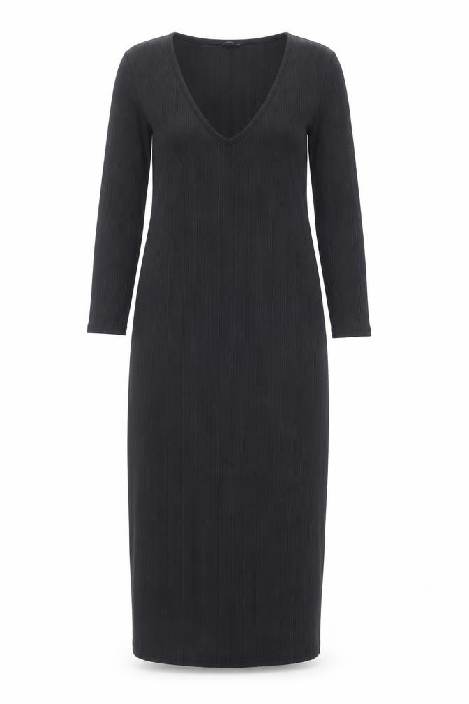 River Island Womens Bodycon Dress Size 10 Black Midi V-Neck 3/4 Sleeve Stretch - front view