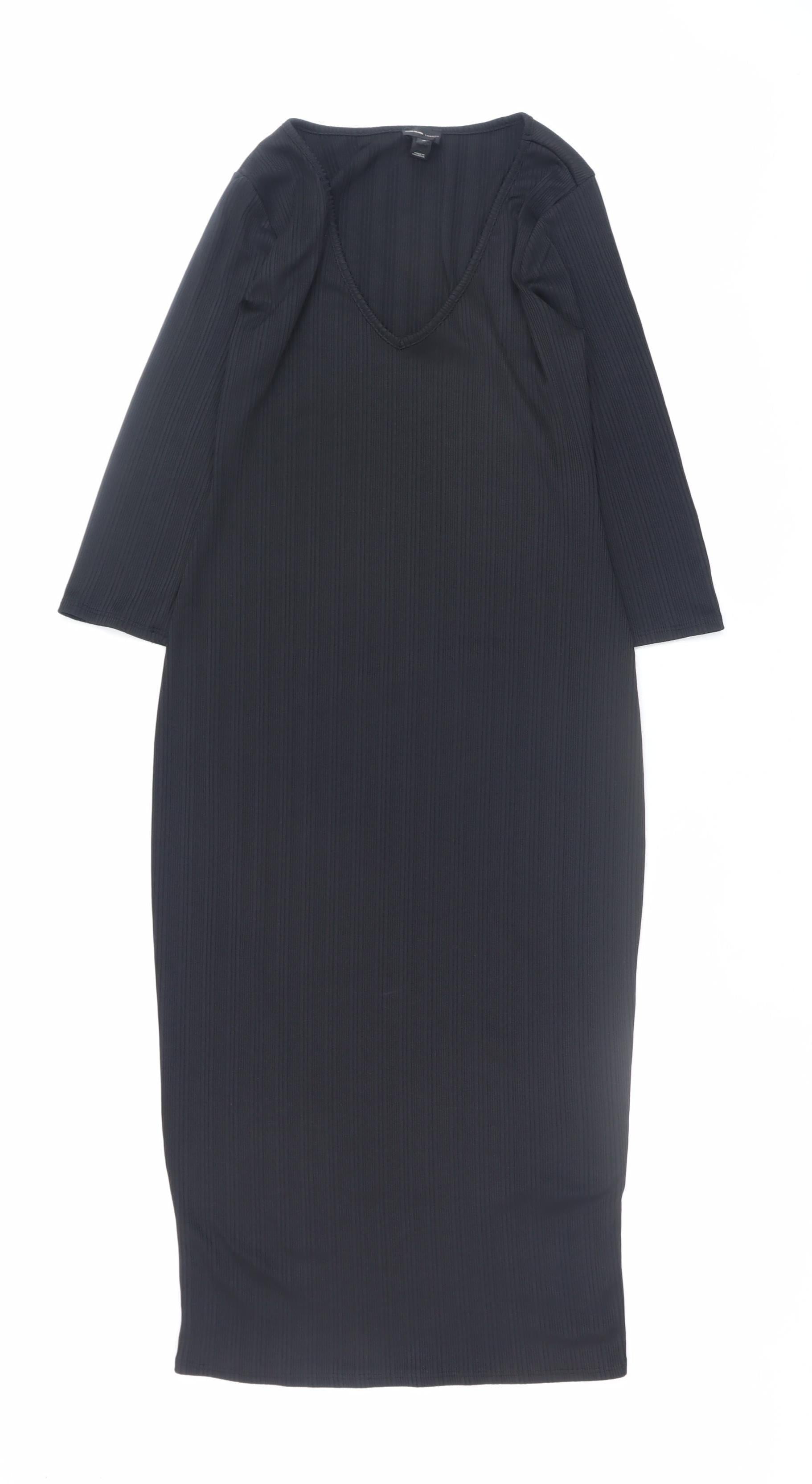 River Island Womens Bodycon Dress Size 10 Black Midi V-Neck 3/4 Sleeve Stretch - reverse view
