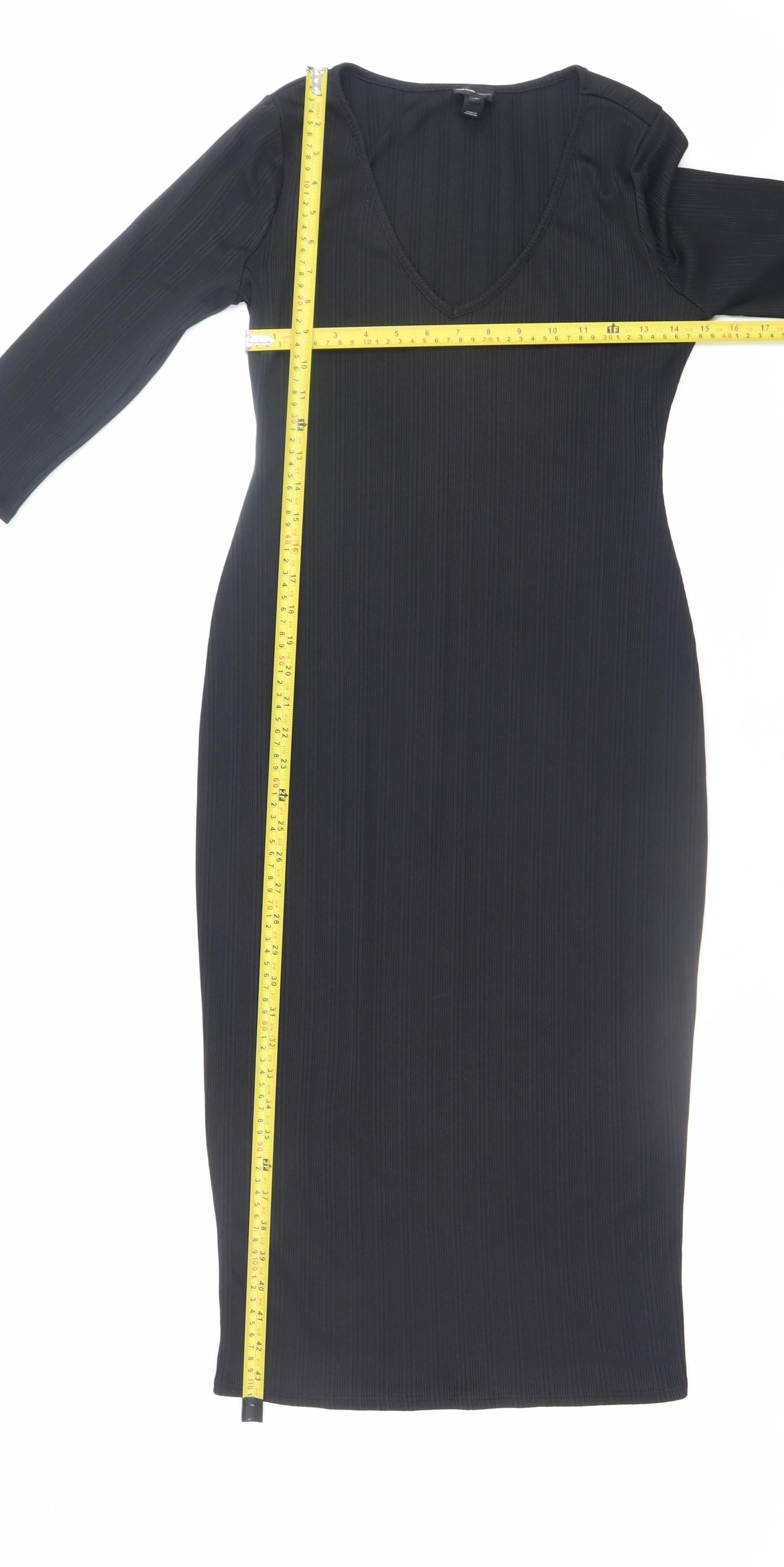 River Island Womens Bodycon Dress Size 10 Black Midi V-Neck 3/4 Sleeve Stretch - label detail