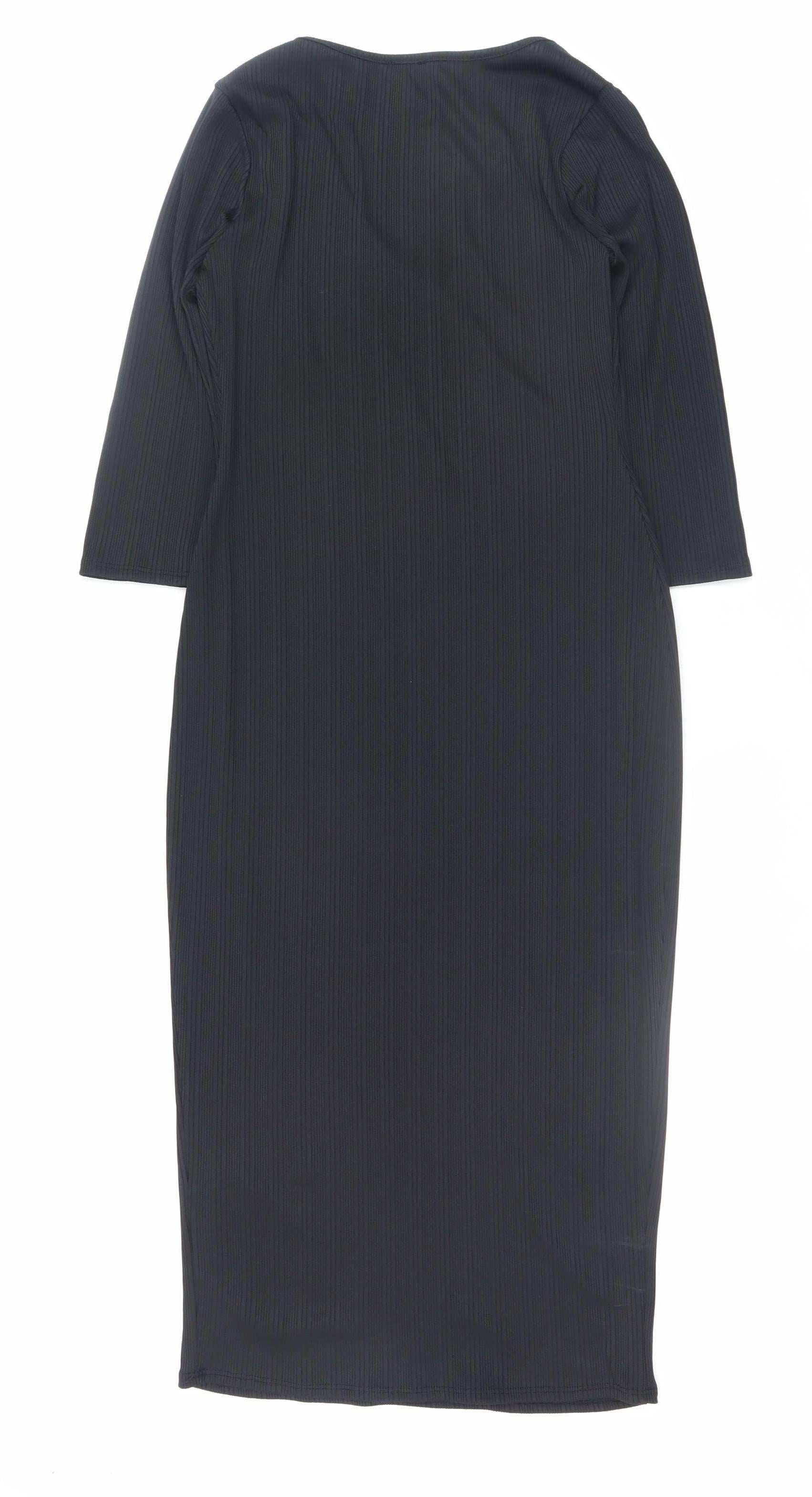 River Island Womens Bodycon Dress Size 10 Black Midi V-Neck 3/4 Sleeve Stretch - close detail