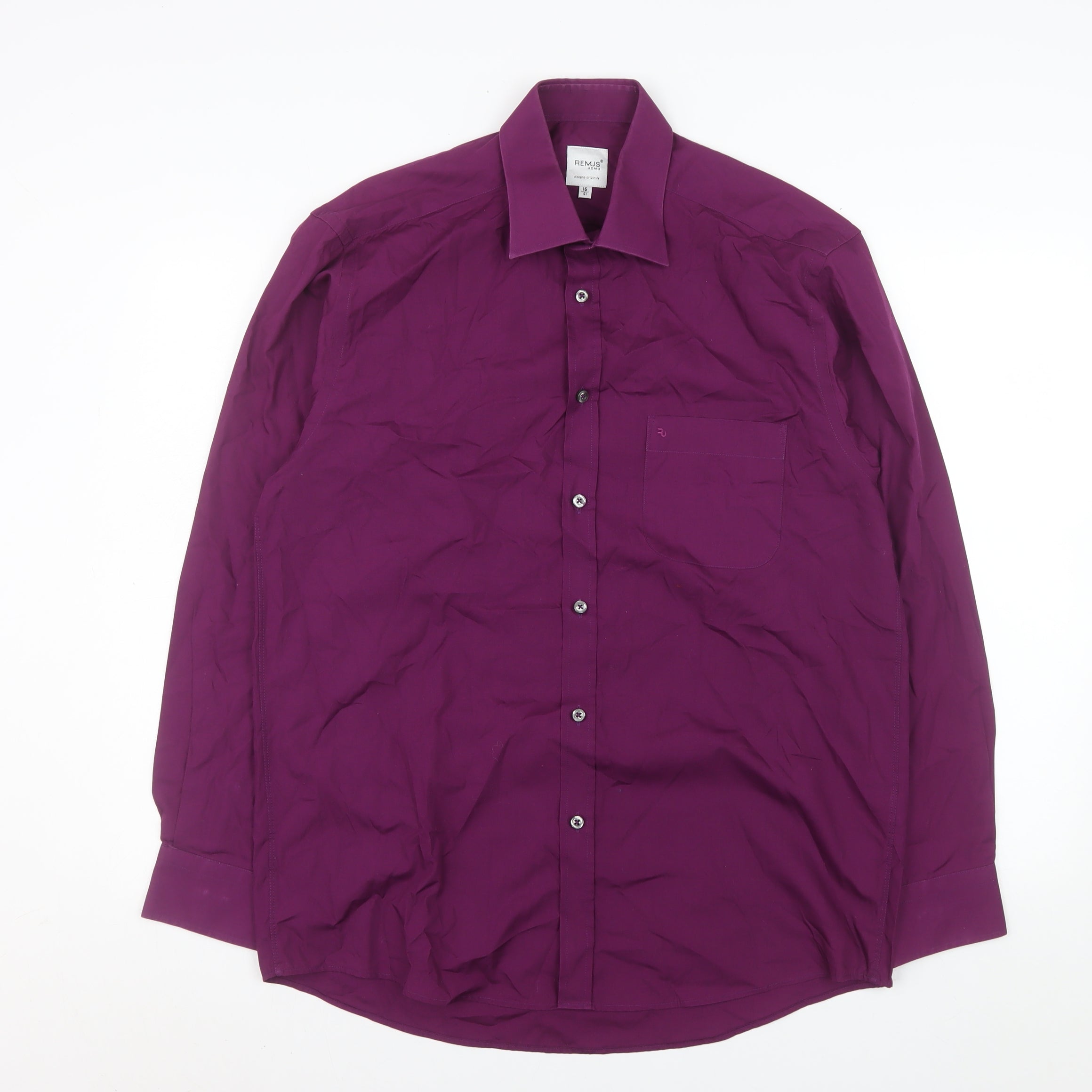 Remus Uomo Mens Dress Shirt Size 16 Purple Solid Collared Long Sleeve Formal - reverse view