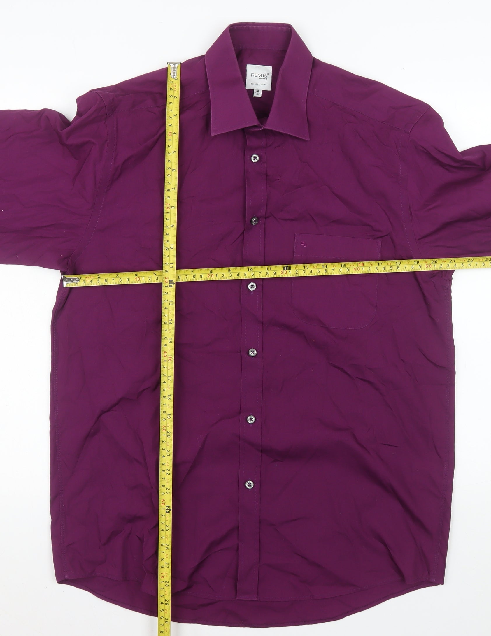 Remus Uomo Mens Dress Shirt Size 16 Purple Solid Collared Long Sleeve Formal - label detail