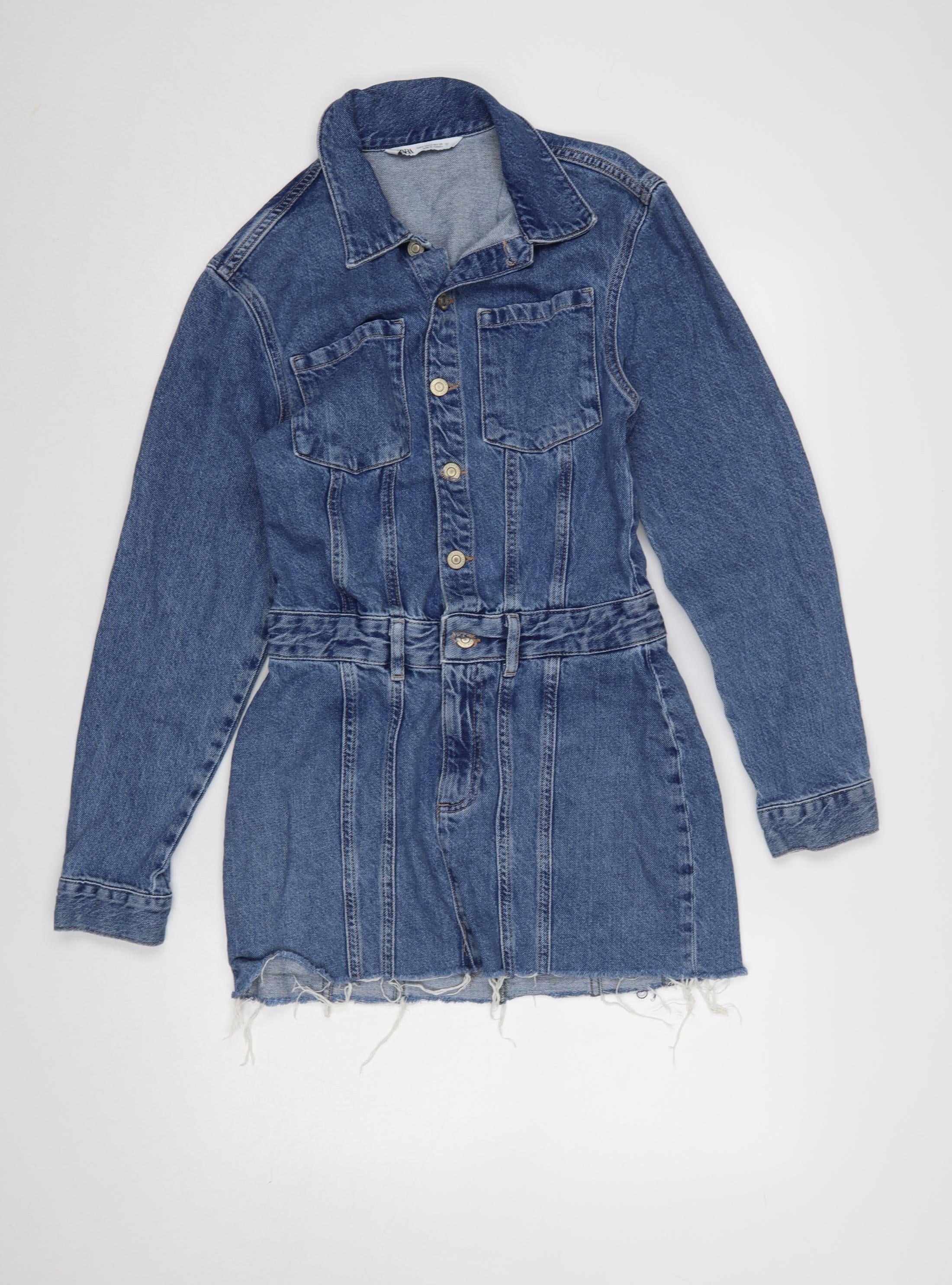 Zara Womens Shirt Dress Size S Blue Mini Collared Long Sleeve Casual Button - reverse view