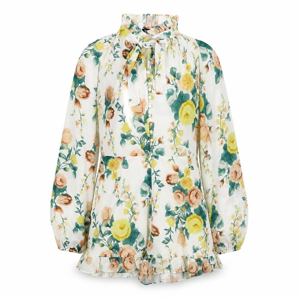 Boohoo Womens Playsuit One-Piece Size 10 Multicoloured Floral Long Sleeve Casual - front view