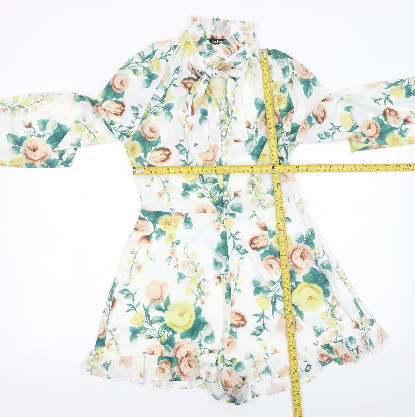 Boohoo Womens Playsuit One-Piece Size 10 Multicoloured Floral Long Sleeve Casual - label detail