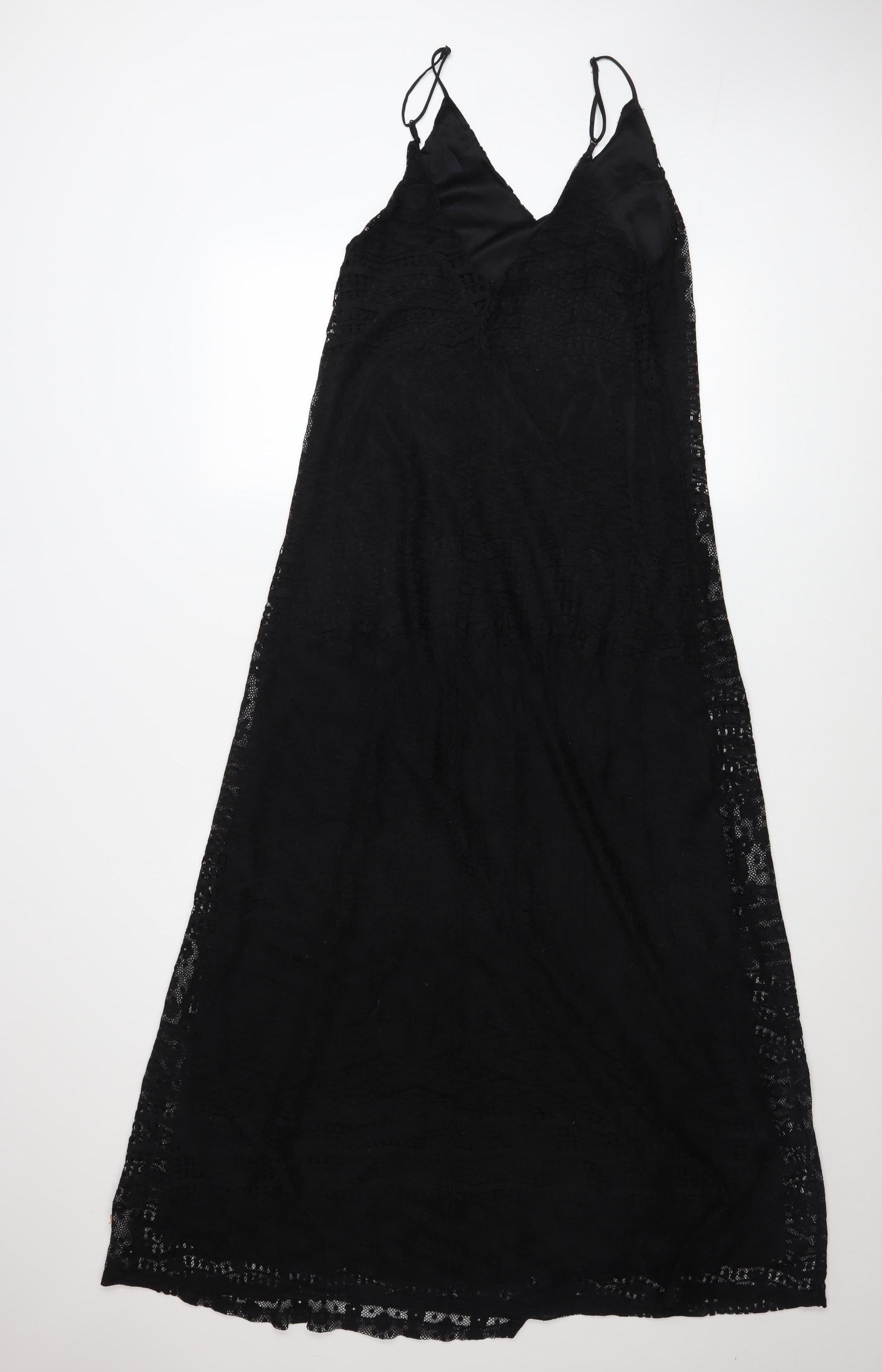 ASOS Womens Slip Dress Size 10 Black Long V-Neck Sleeveless Party/Cocktail Lace - close detail