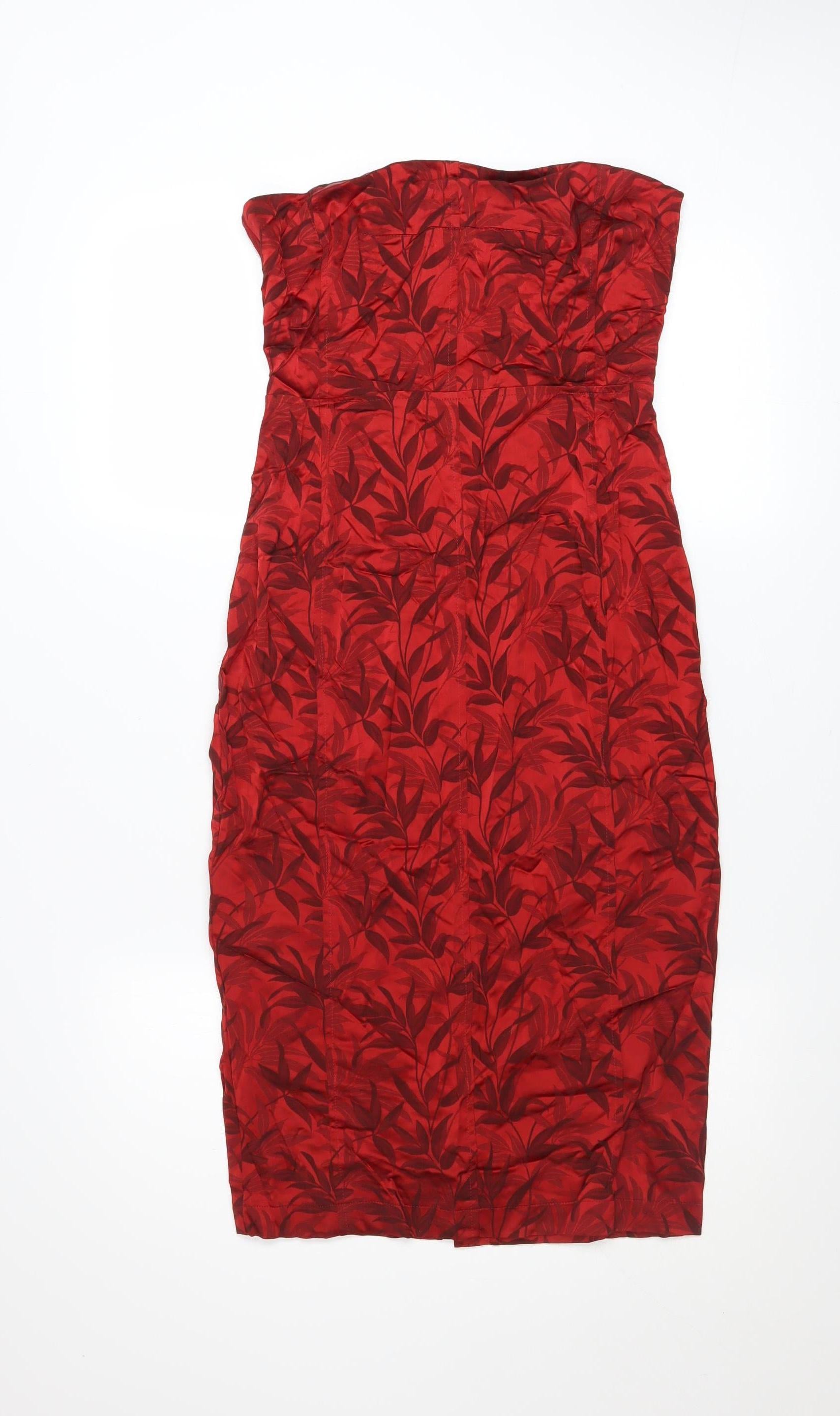 NEXT Womens Sheath Dress Size 10 Red Floral Knee Length Strapless Sleeveless Zip - reverse view