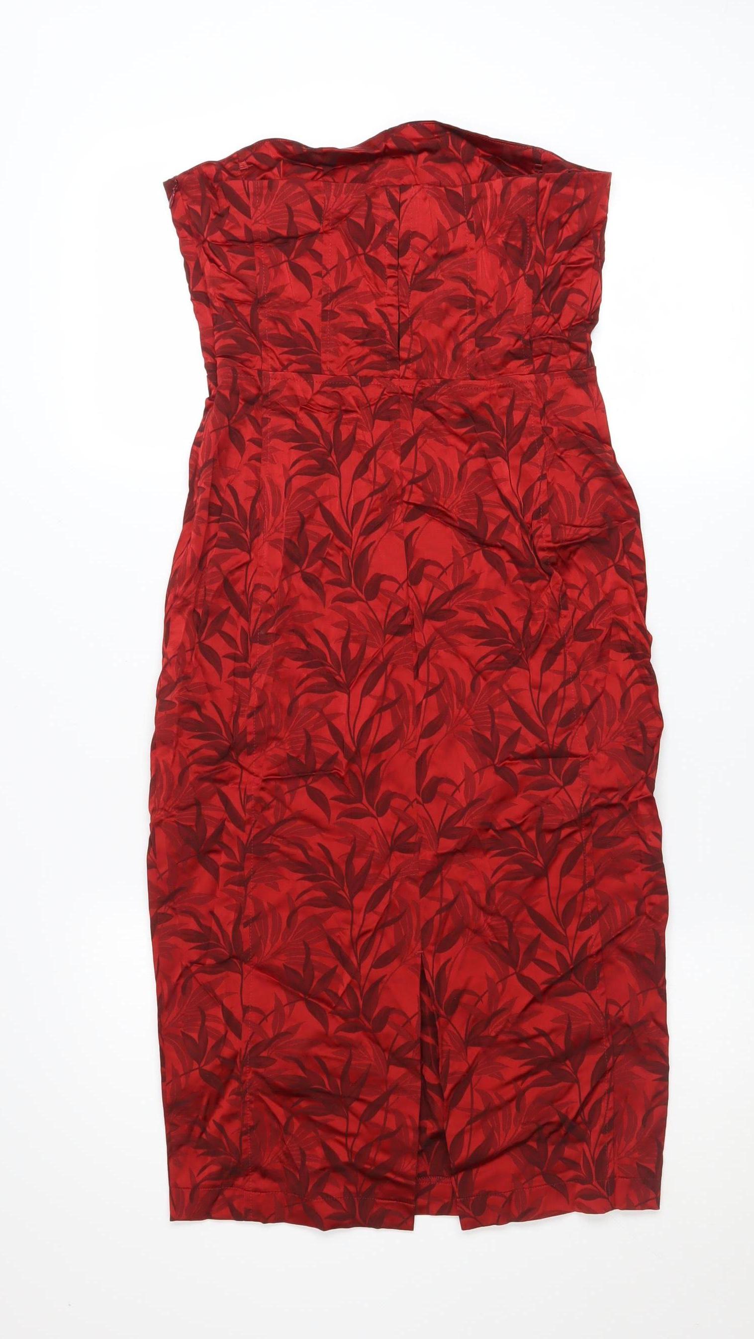 NEXT Womens Sheath Dress Size 10 Red Floral Knee Length Strapless Sleeveless Zip - close detail