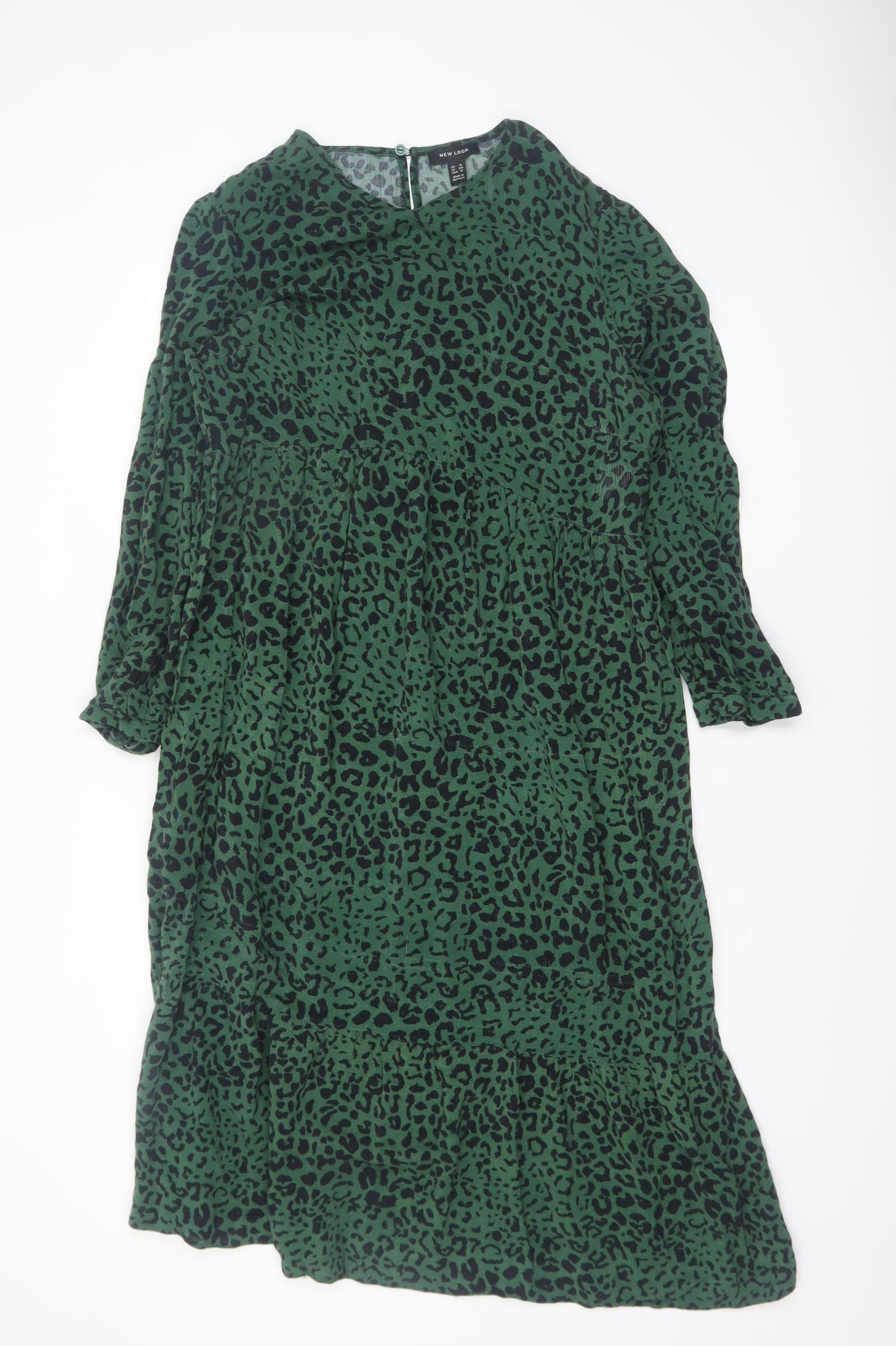 New Look Womens A-Line Dress Size 16 Green Animal Print Midi Round Neck Casual - reverse view