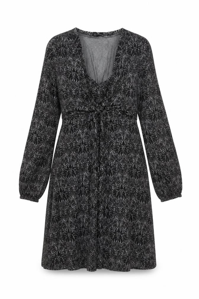 Rick Cardona Womens A-Line Dress Size 12 Black Floral Knee Length Scoop Neck Tie - front view