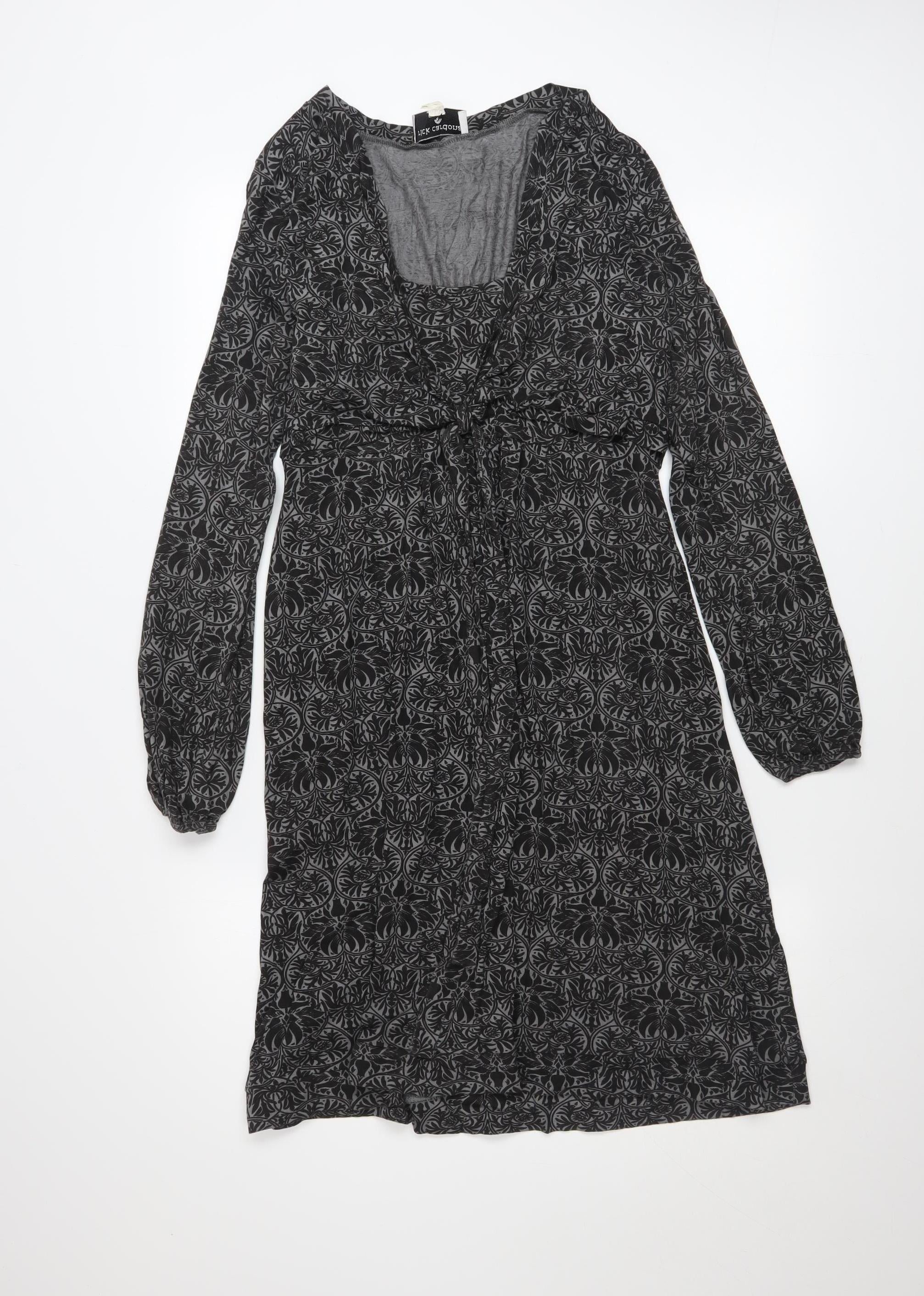 Rick Cardona Womens A-Line Dress Size 12 Black Floral Knee Length Scoop Neck Tie - reverse view